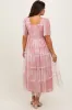 Pink Smocked Top Mesh Ruffled Maternity Midi Dress sold by Pinkblush
