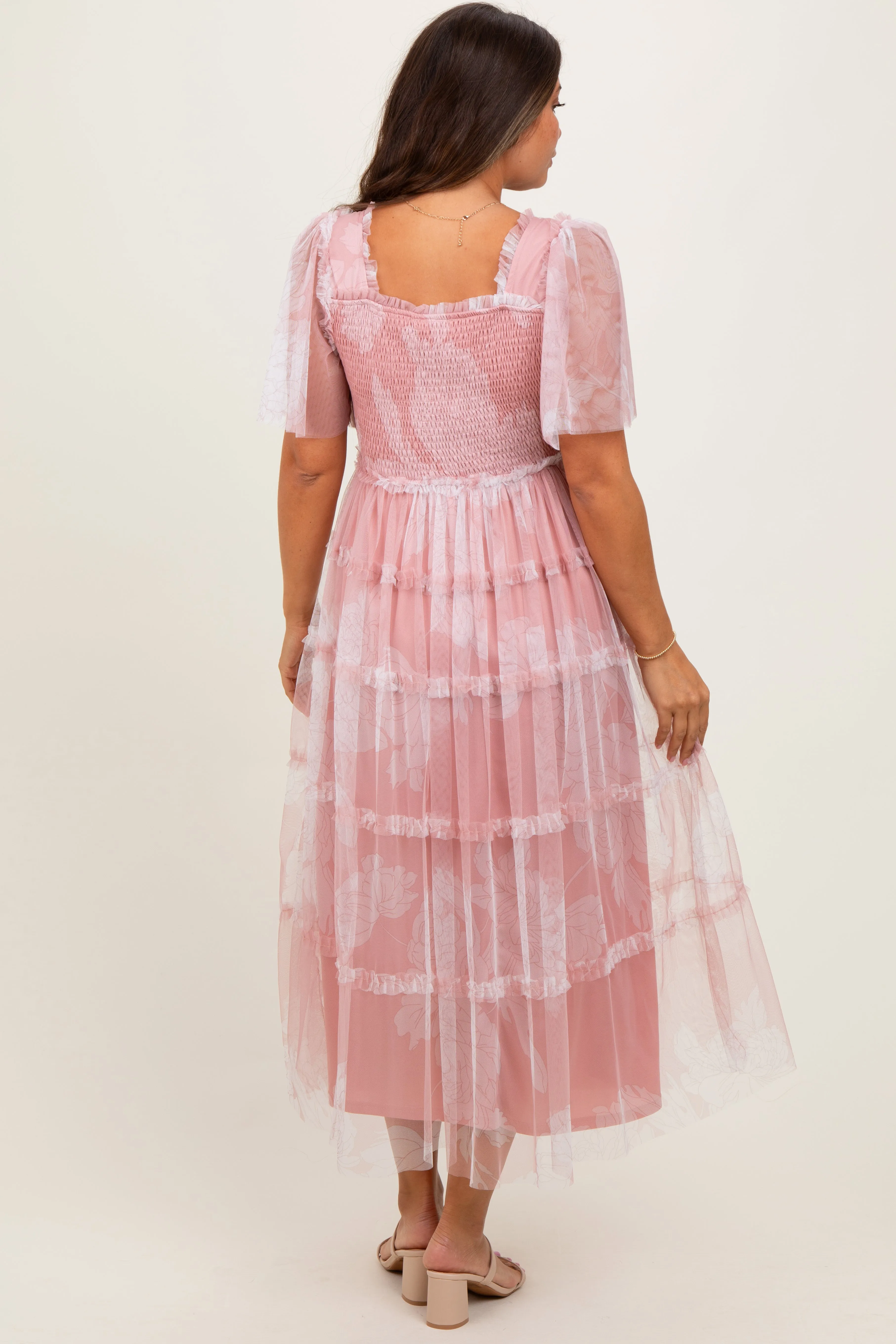 Pink Smocked Top Mesh Ruffled Maternity Midi Dress sold by Pinkblush product image thumbnail 2
