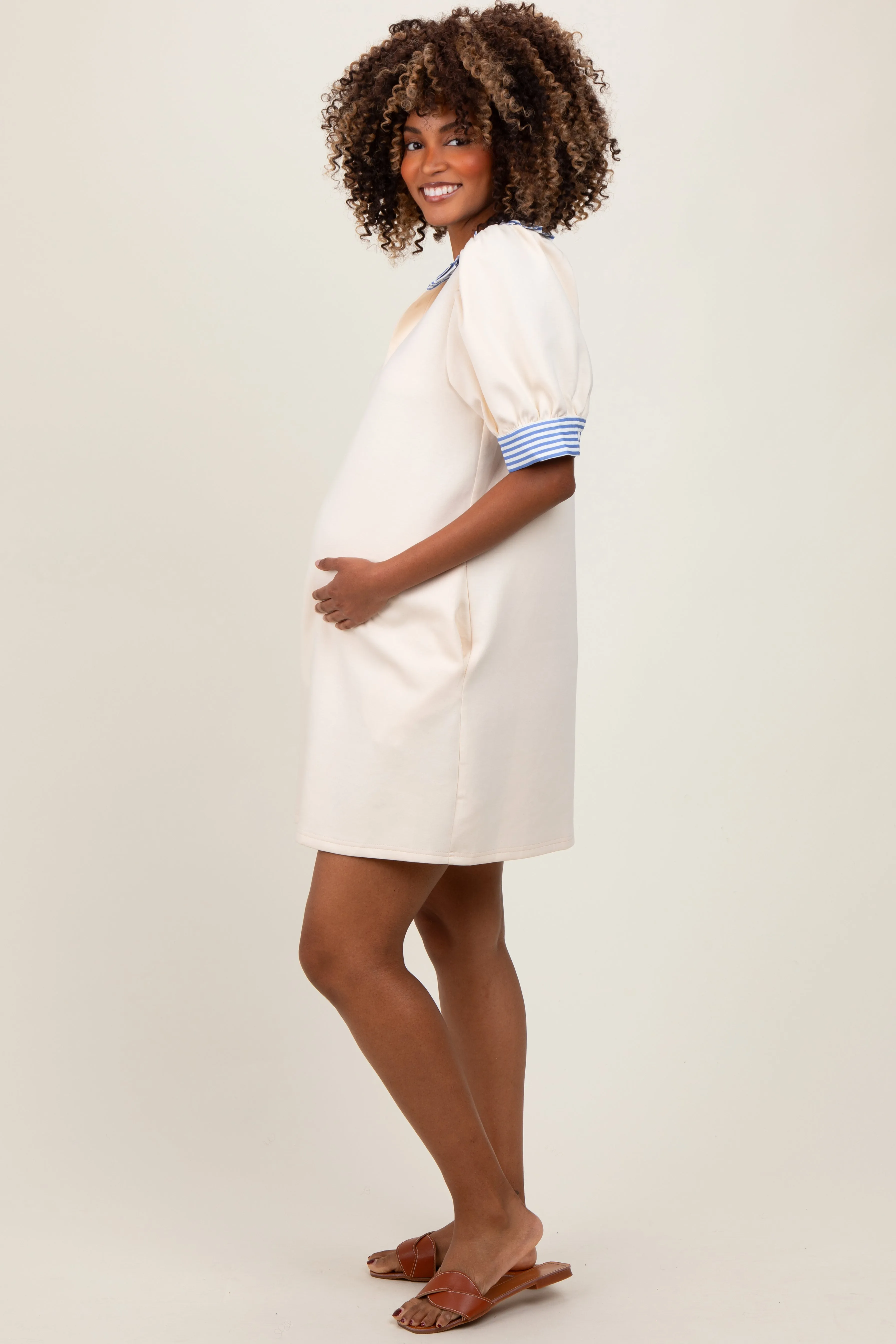 Cream Mock Neck Contrast Striped Trim Maternity Mini Dress sold by Pinkblush product image thumbnail 3