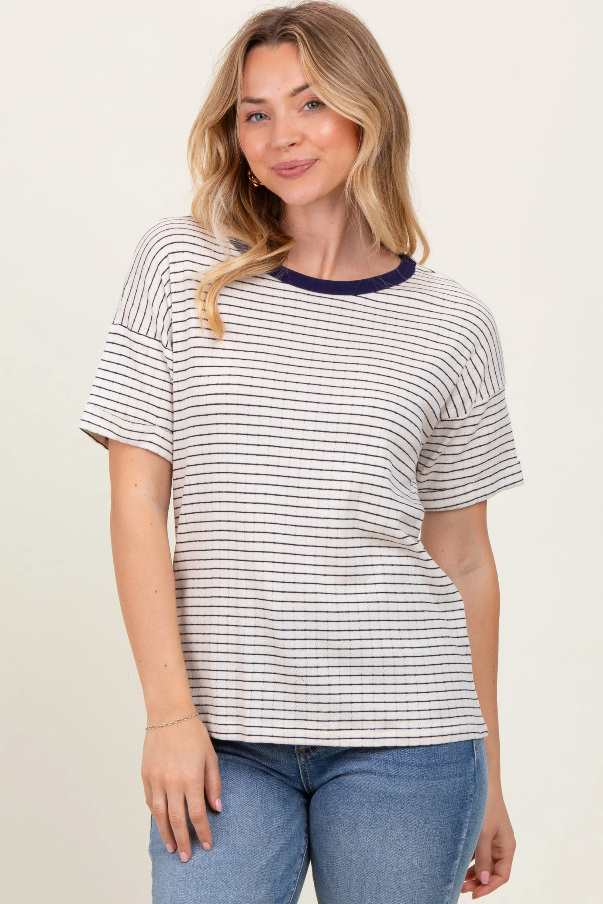 Navy Pointelle Knit Striped Top sold by Pinkblush