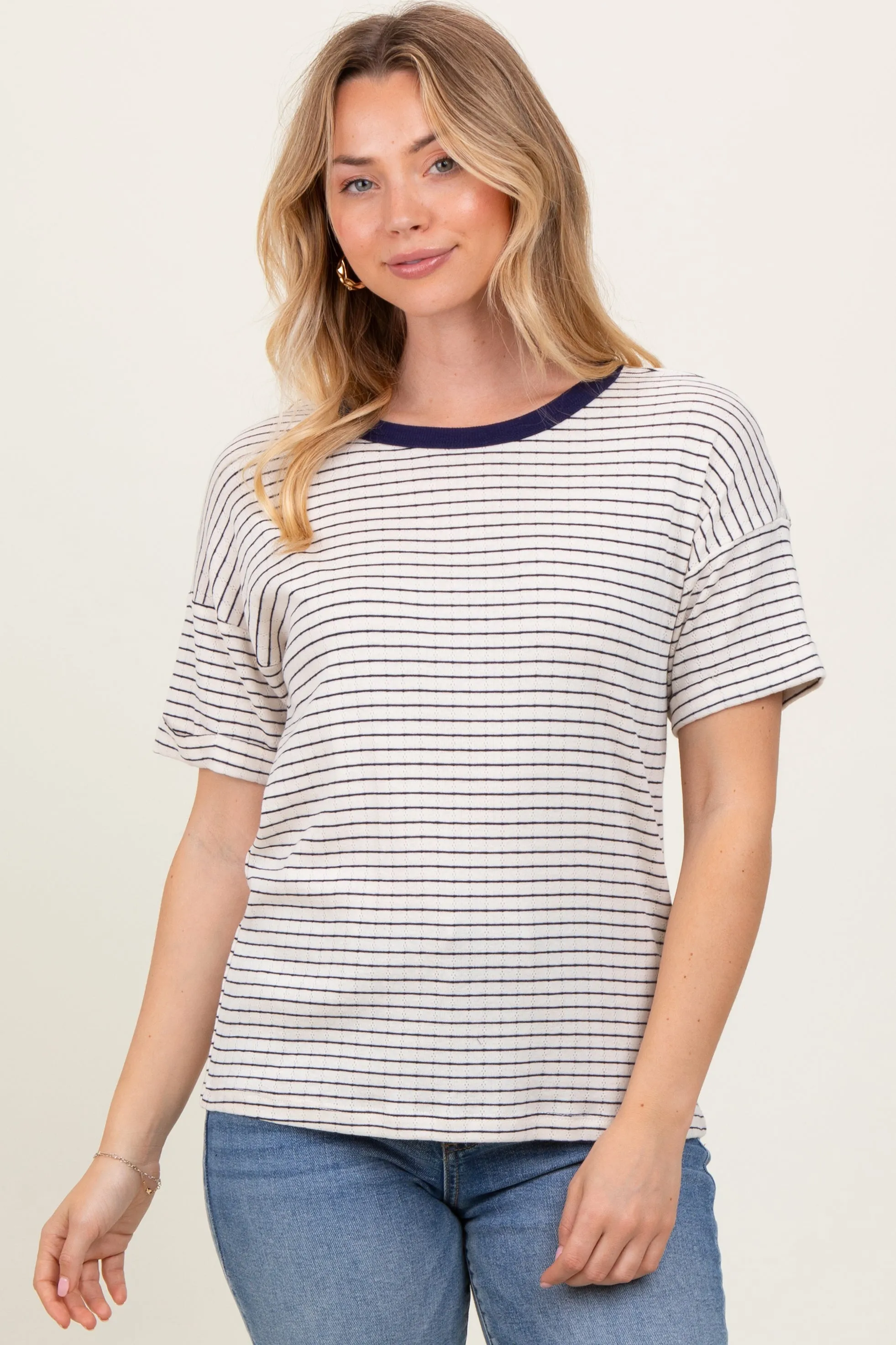 Navy Pointelle Knit Striped Top sold by Pinkblush product image thumbnail 2