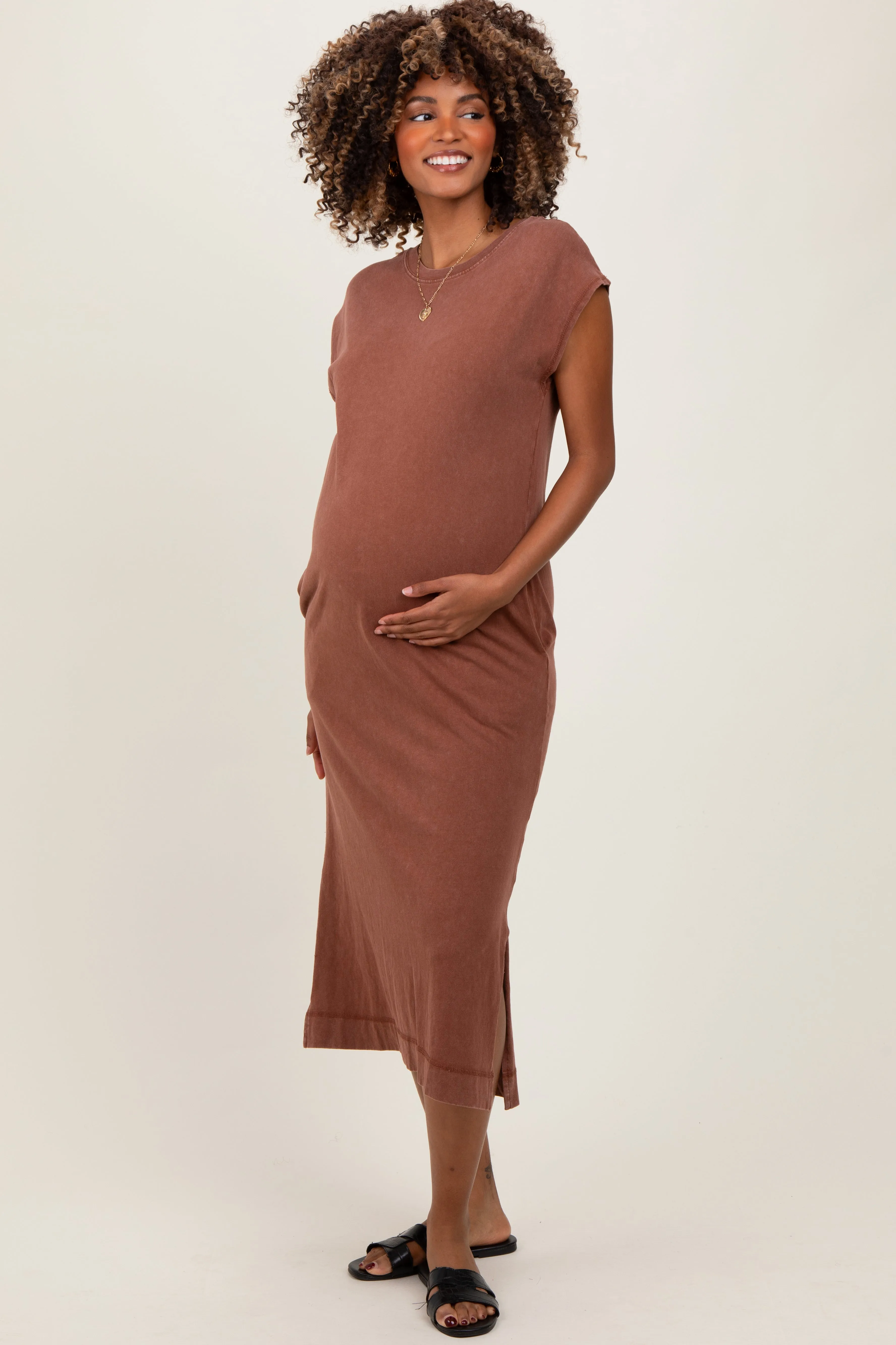 Camel Casual Sleeveless Pocketed Maternity Midi Dress sold by Pinkblush product image thumbnail 2