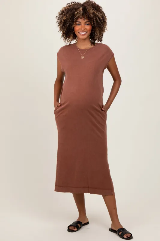 Camel Casual Sleeveless Pocketed Maternity Midi Dress sold by Pinkblush