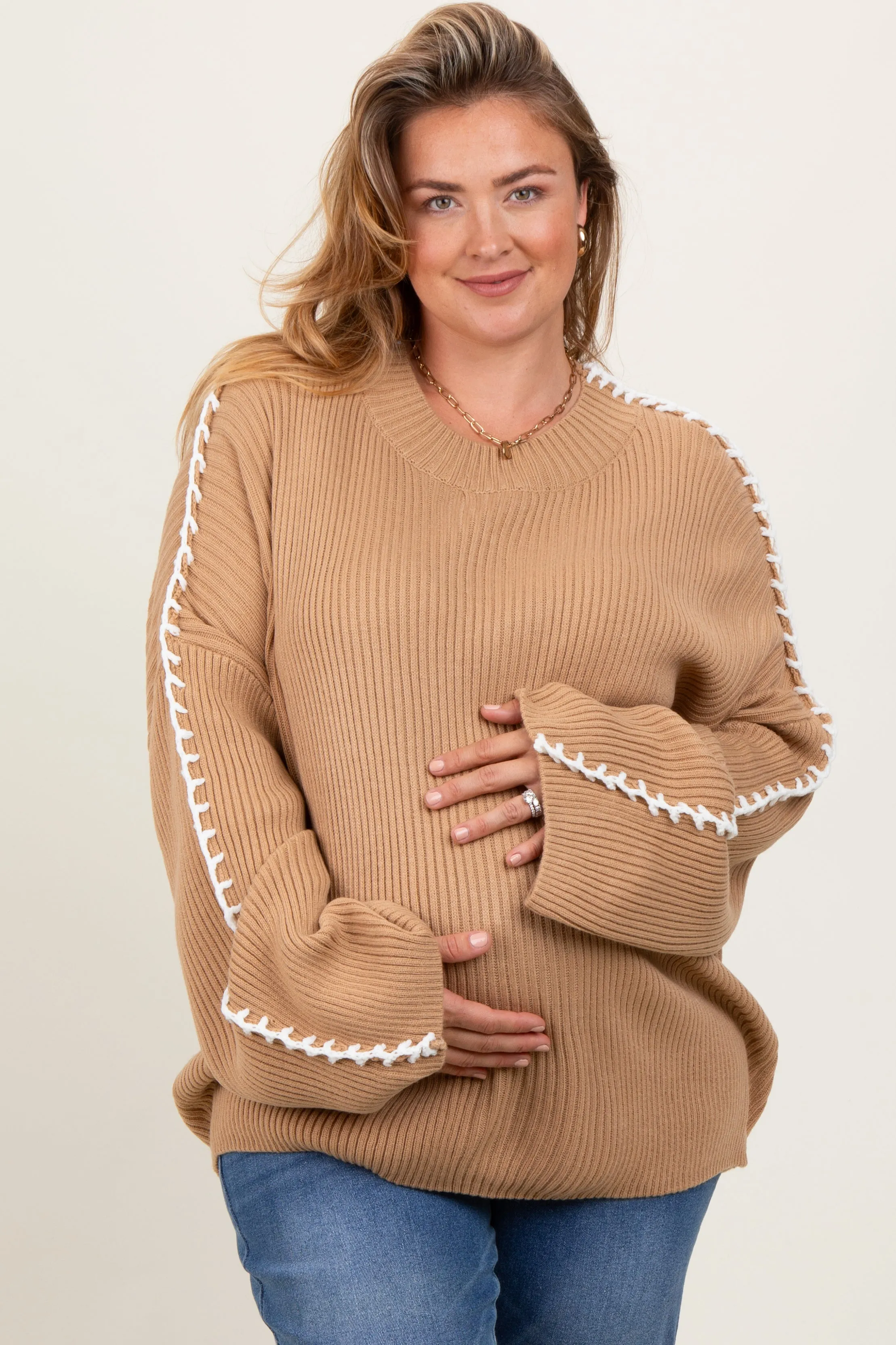 Taupe Contrast Stitch Maternity Plus Sweater sold by Pinkblush product image thumbnail 2