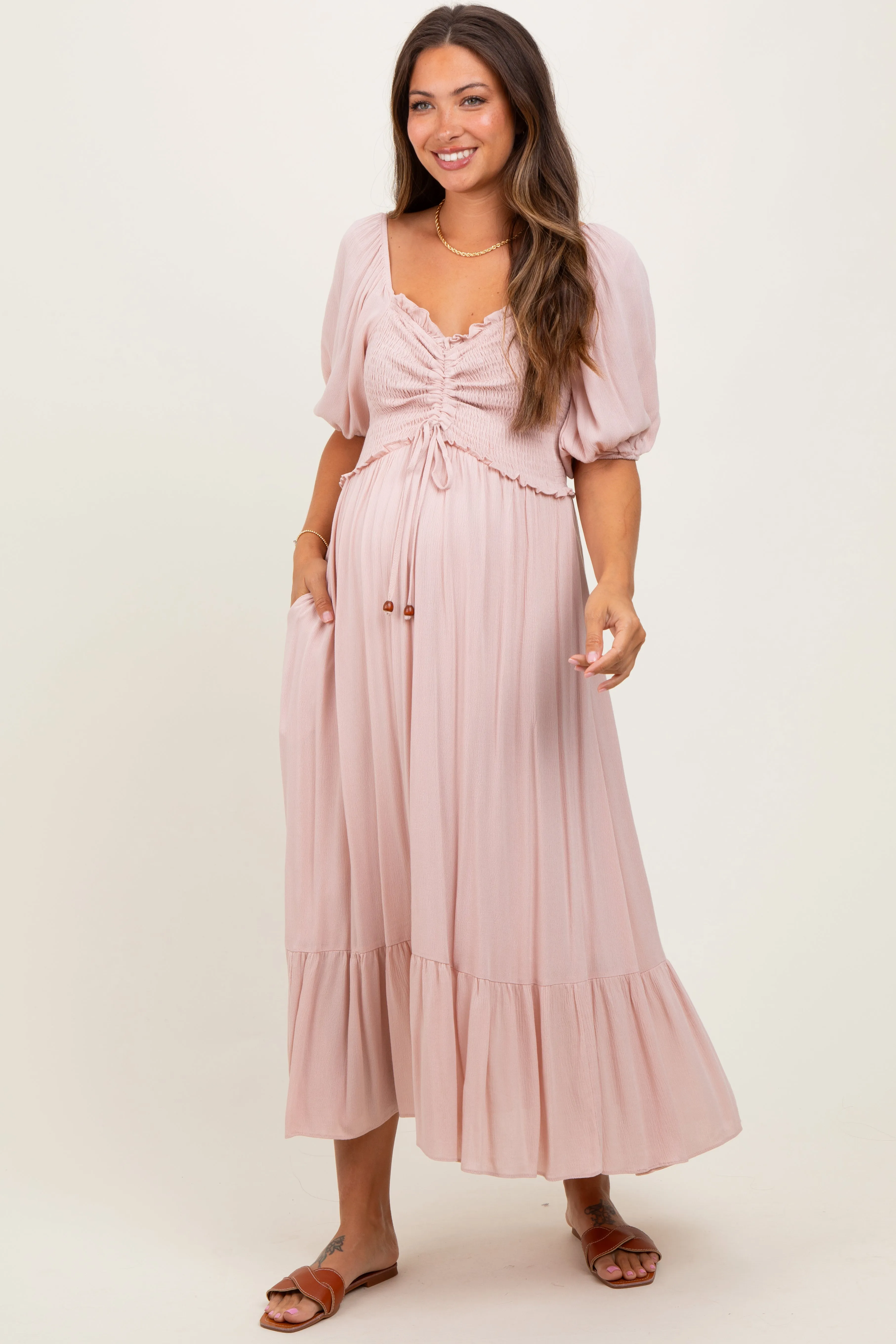 Light Pink Smocked Cinched Front Maternity Maxi Dress sold by Pinkblush