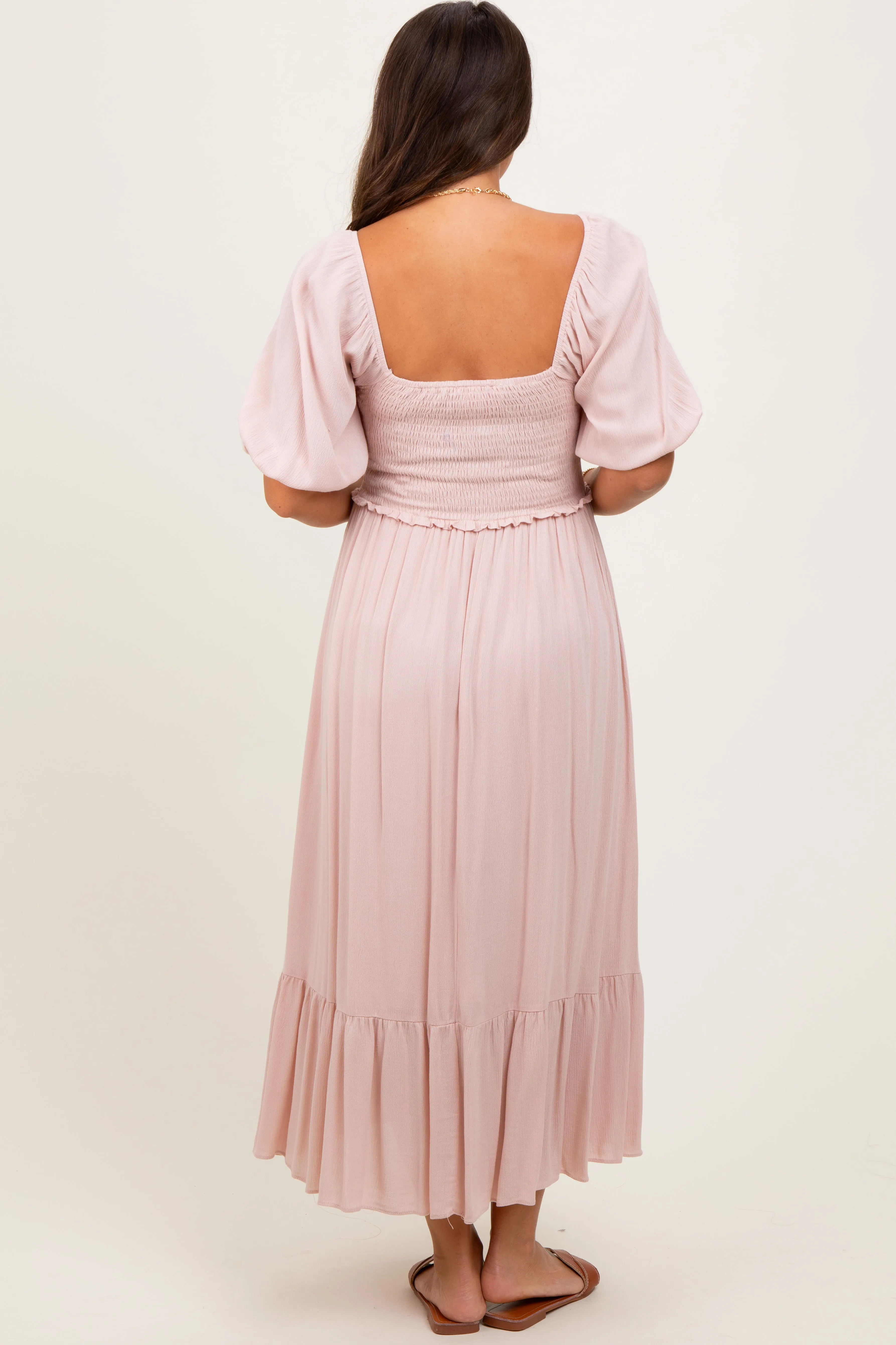 Light Pink Smocked Cinched Front Maternity Maxi Dress sold by Pinkblush product image thumbnail 2