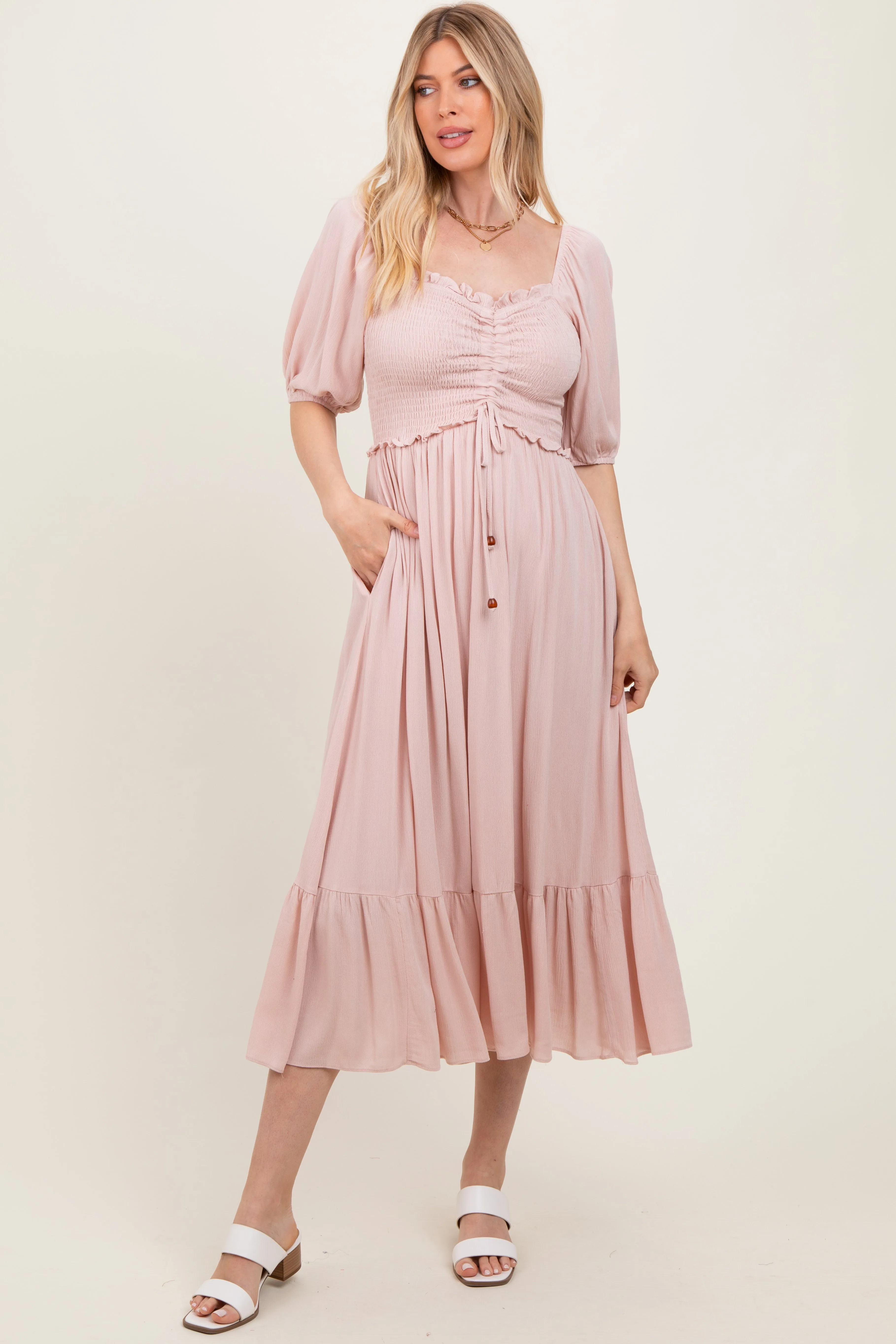 Light Pink Smocked Cinched Front Maternity Maxi Dress sold by Pinkblush product image thumbnail 3