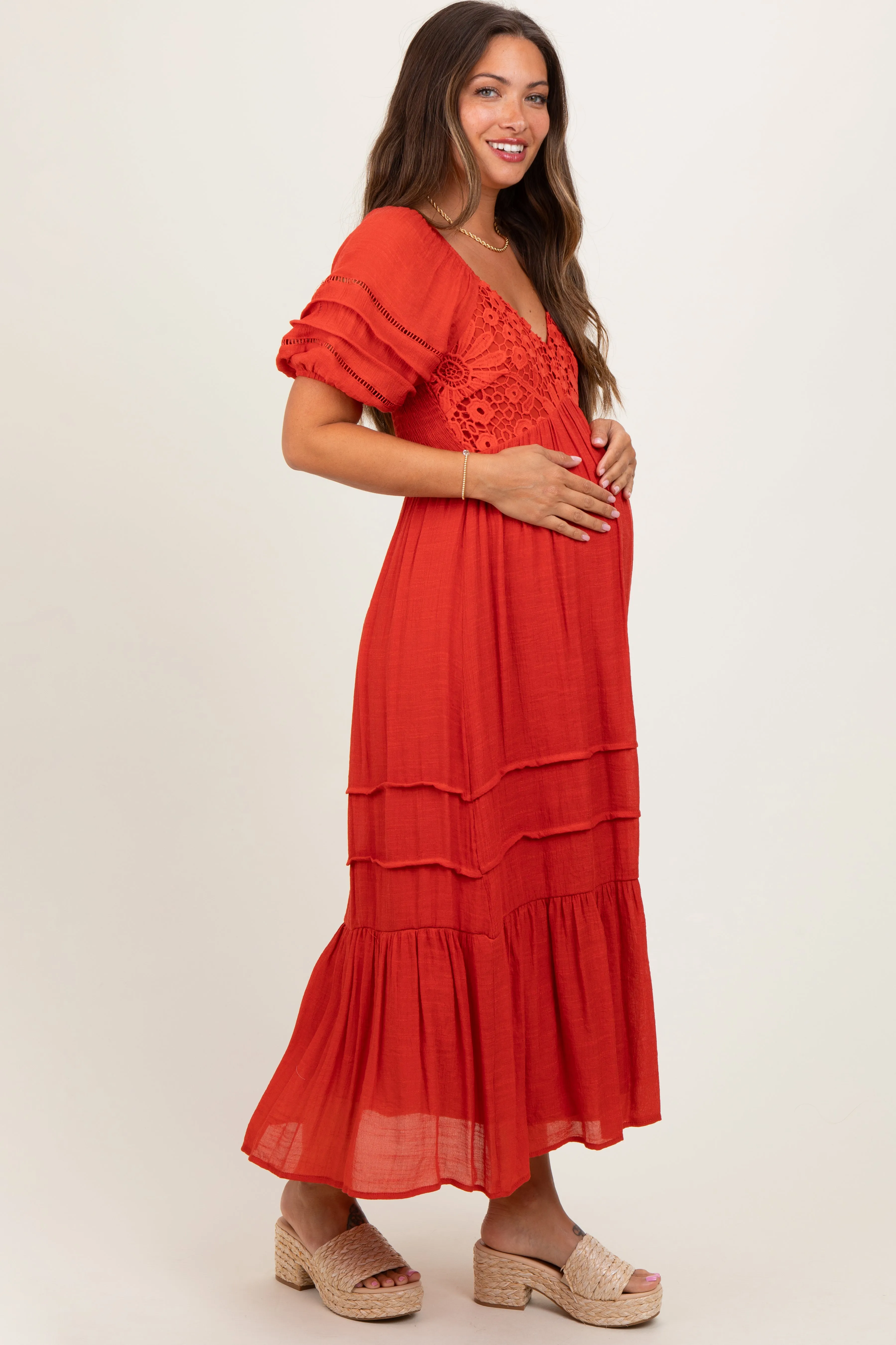 Rust Crochet Detail Bodice Maternity Midi Dress sold by Pinkblush product image thumbnail 3