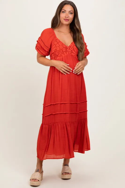 Rust Crochet Detail Bodice Maternity Midi Dress sold by Pinkblush
