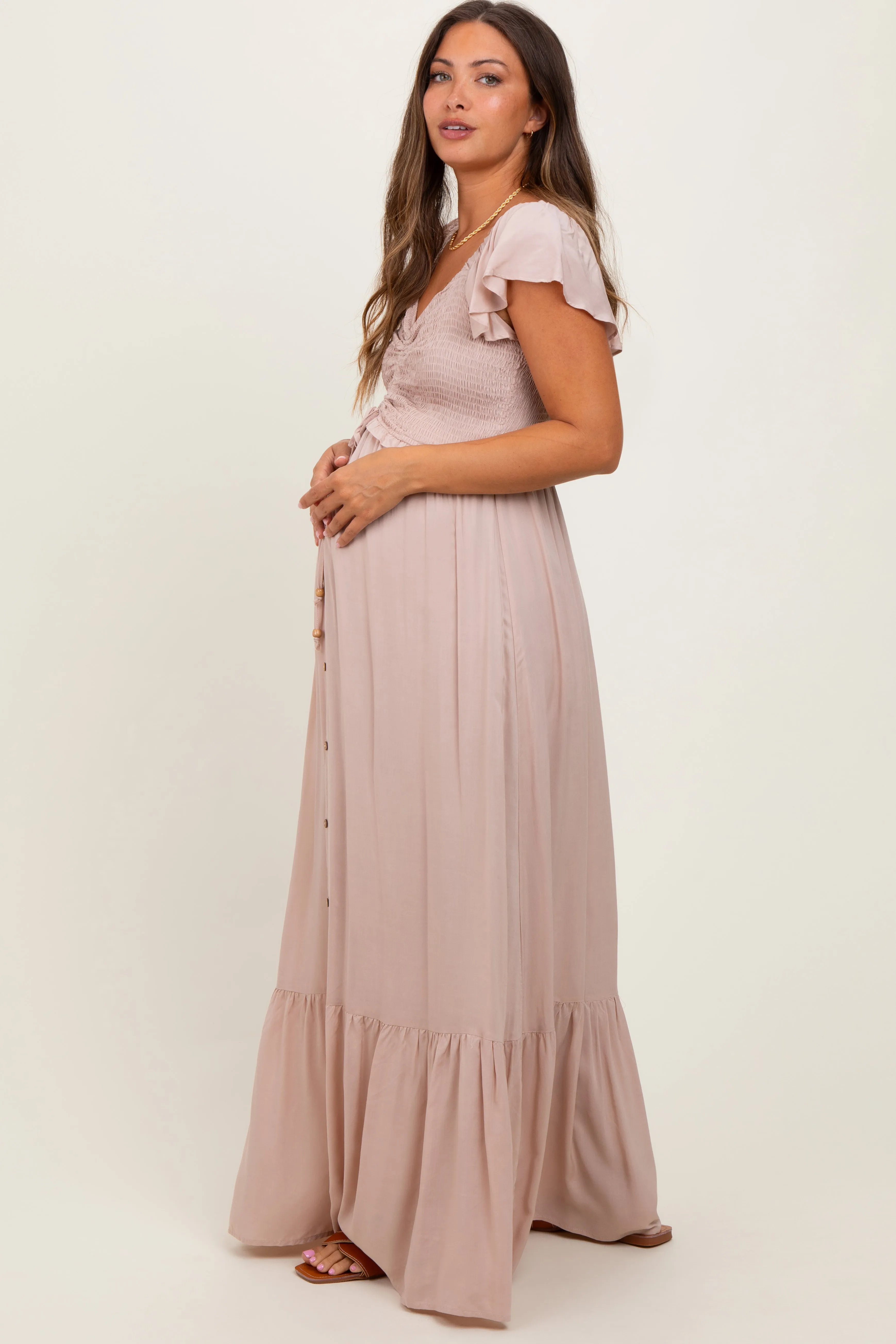 Taupe Smocked Top Woven Maternity Maxi Dress sold by Pinkblush product image thumbnail 2