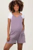 Purple Solid Ribbed V-Neck Sleeveless Front Pocket Maternity Romper sold by Pinkblush