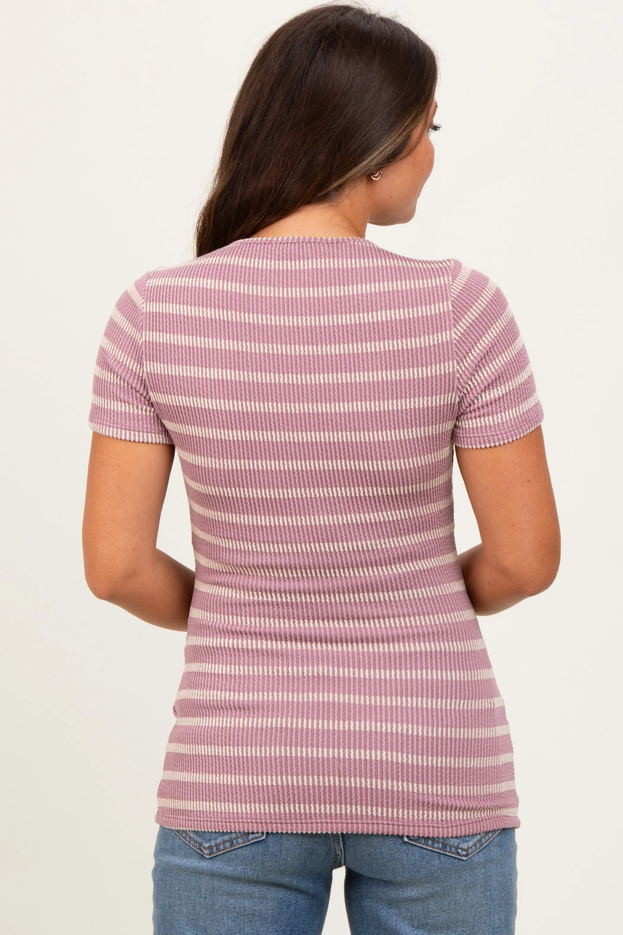 Lavender Cream Stripe Short Sleeve Round Neck Maternity Top sold by Pinkblush product image thumbnail 4