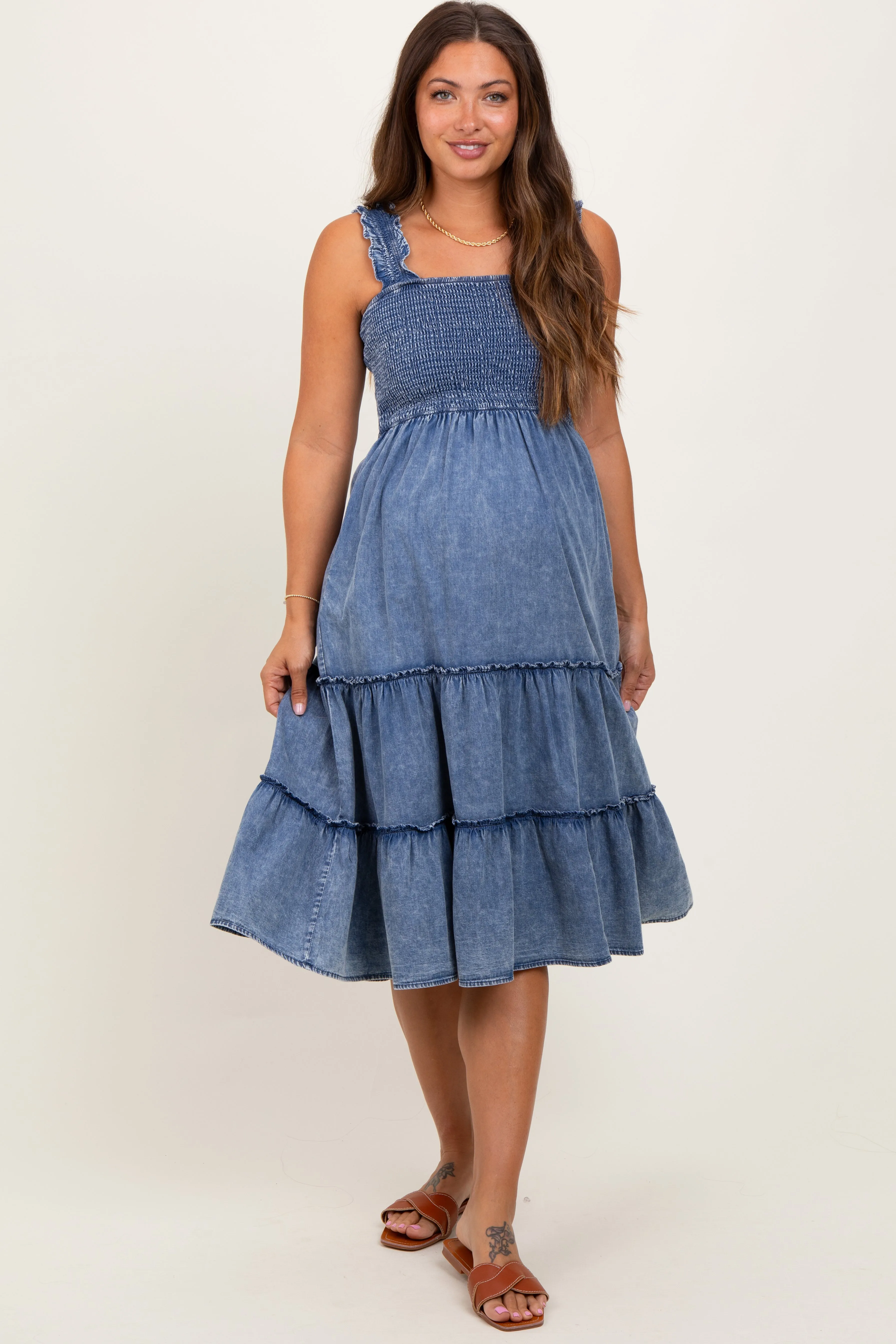 Blue Chambray Smocked Ruffle Tiered Maternity Midi Dress sold by Pinkblush product image thumbnail 2