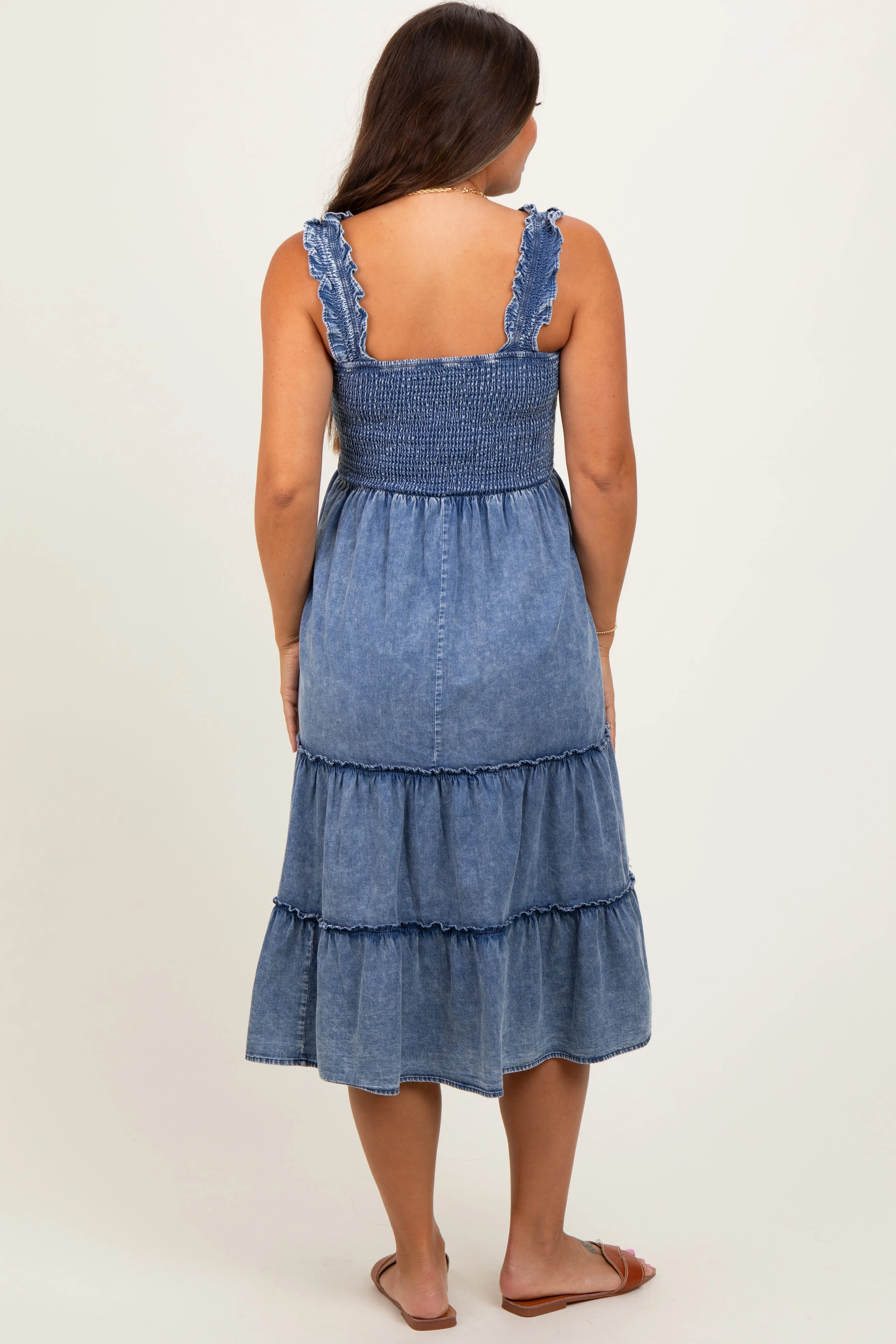 Blue Chambray Smocked Ruffle Tiered Maternity Midi Dress sold by Pinkblush product image thumbnail 4
