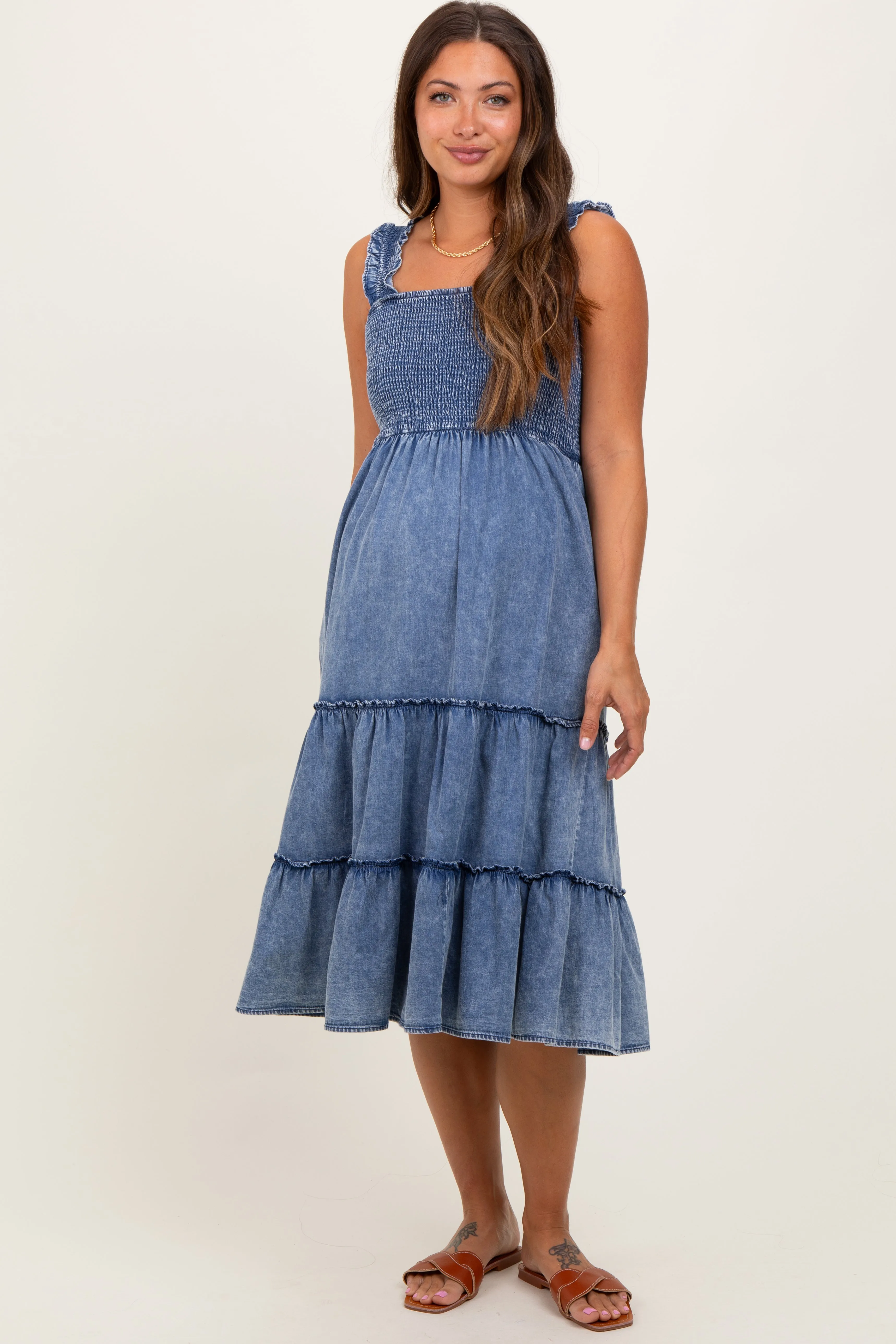 Blue Chambray Smocked Ruffle Tiered Maternity Midi Dress sold by Pinkblush