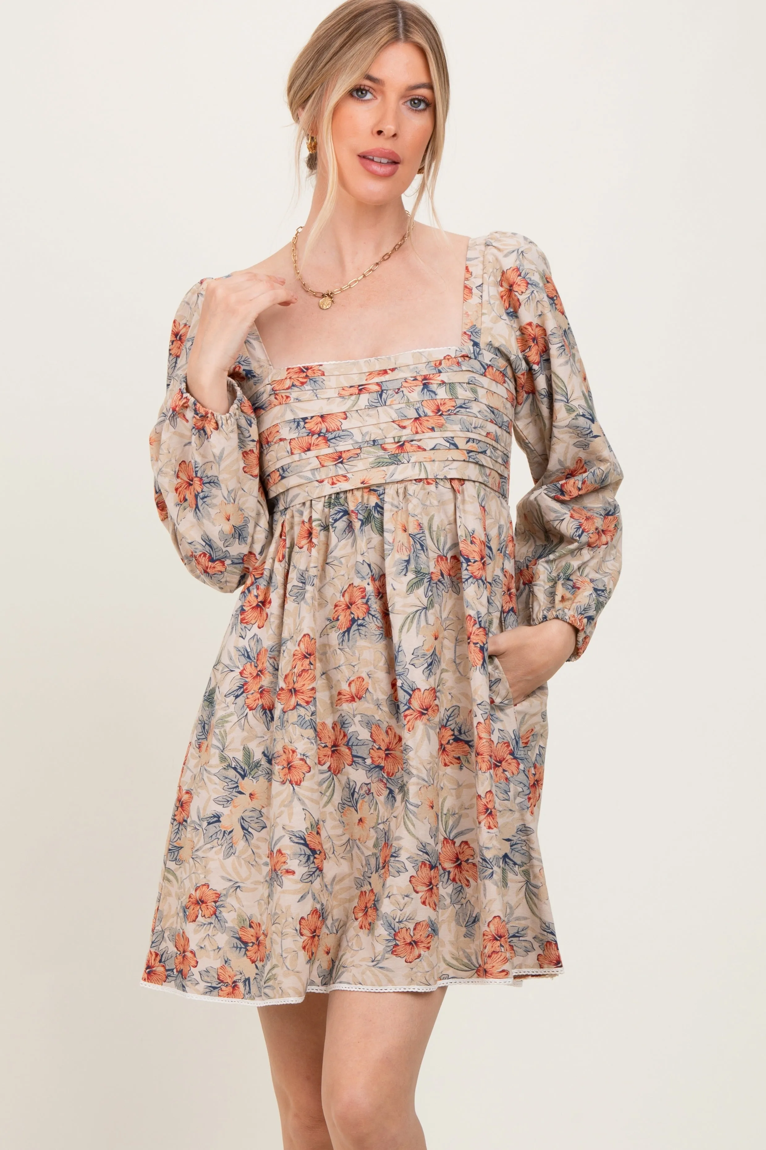 Cream Tropical Floral Pleated Bodice Dress sold by Pinkblush