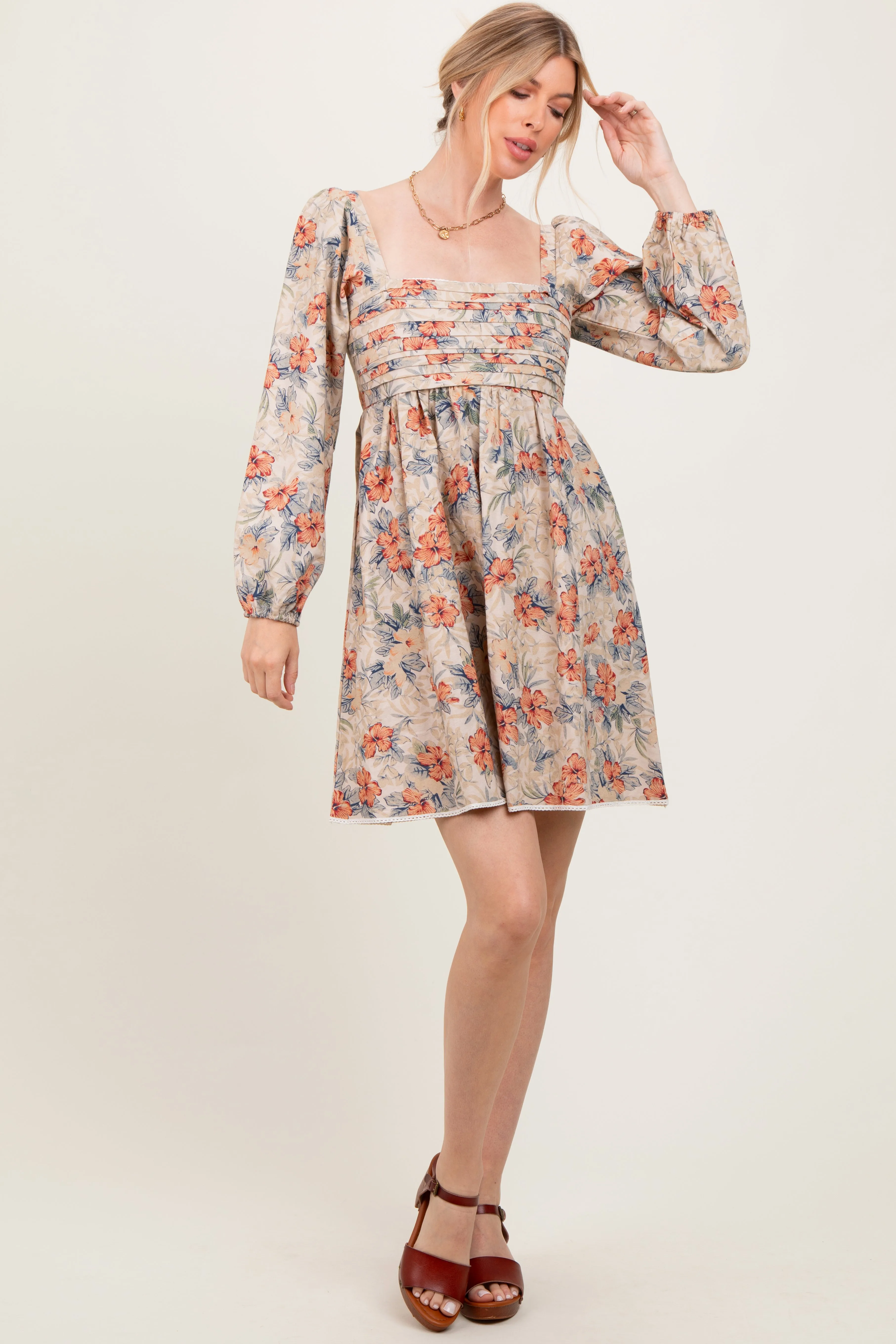 Cream Tropical Floral Pleated Bodice Dress sold by Pinkblush product image thumbnail 2