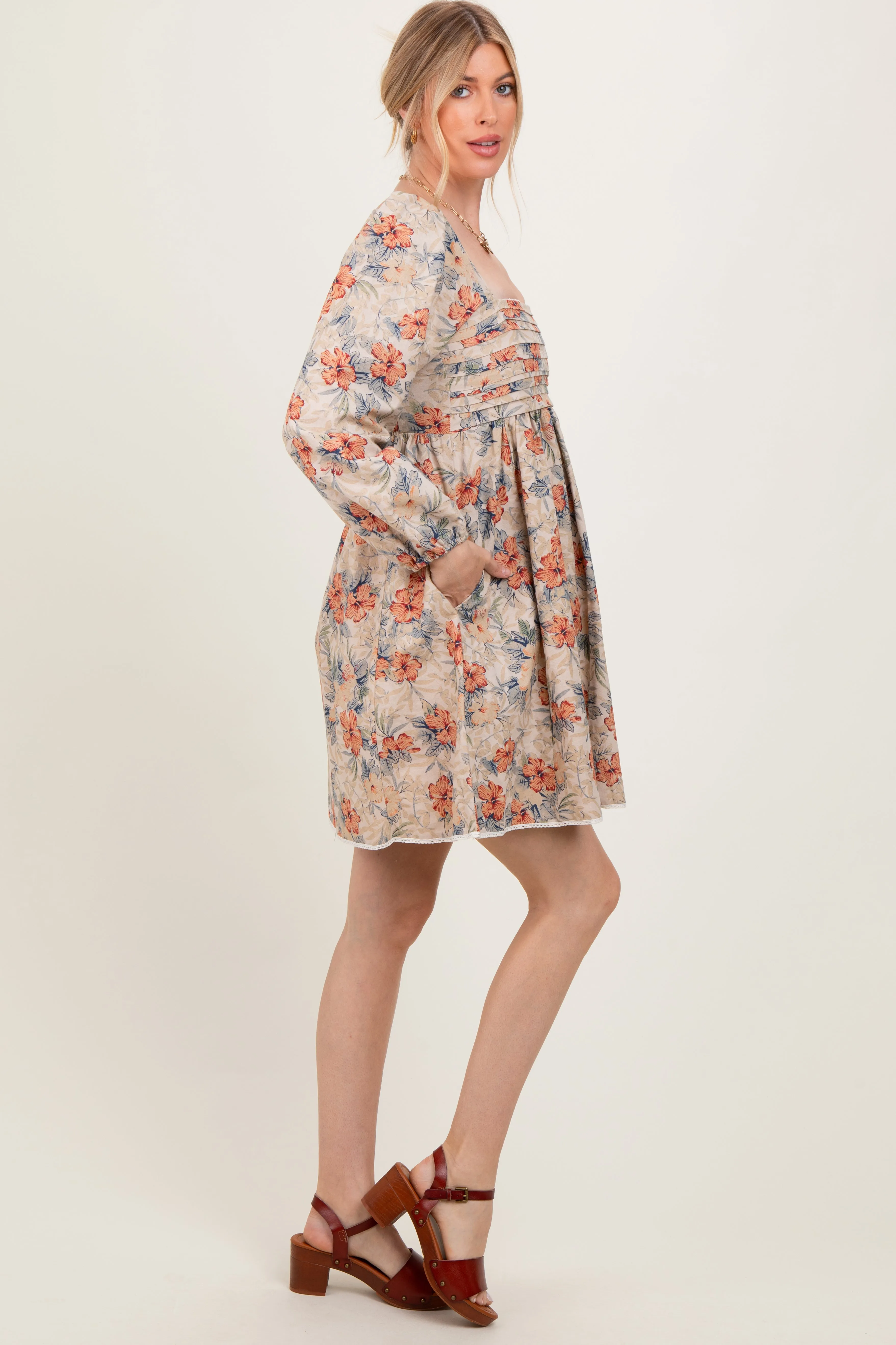 Cream Tropical Floral Pleated Bodice Dress sold by Pinkblush product image thumbnail 3