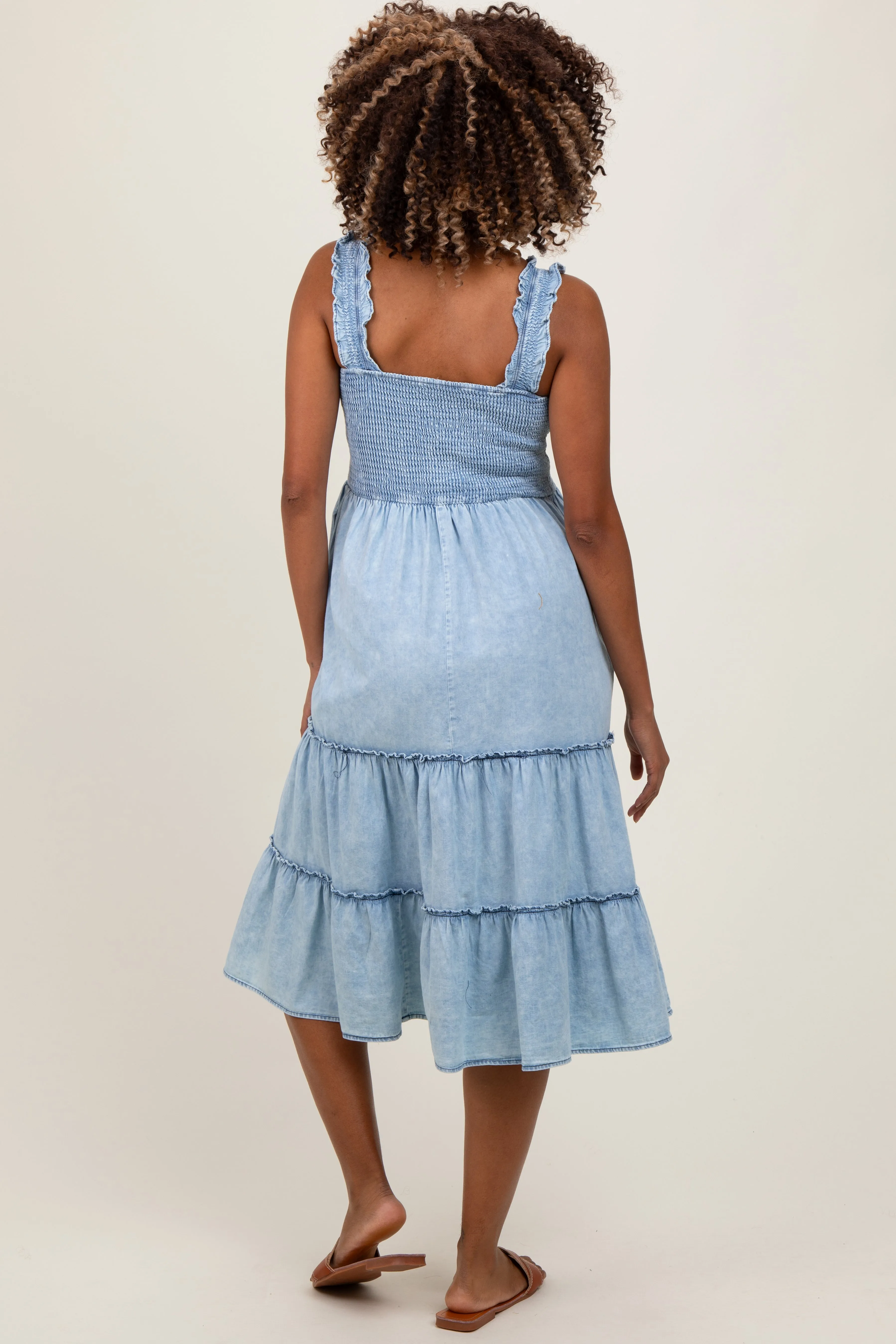 Light Blue Chambray Smocked Ruffle Tiered Maternity Midi Dress sold by Pinkblush product image thumbnail 2