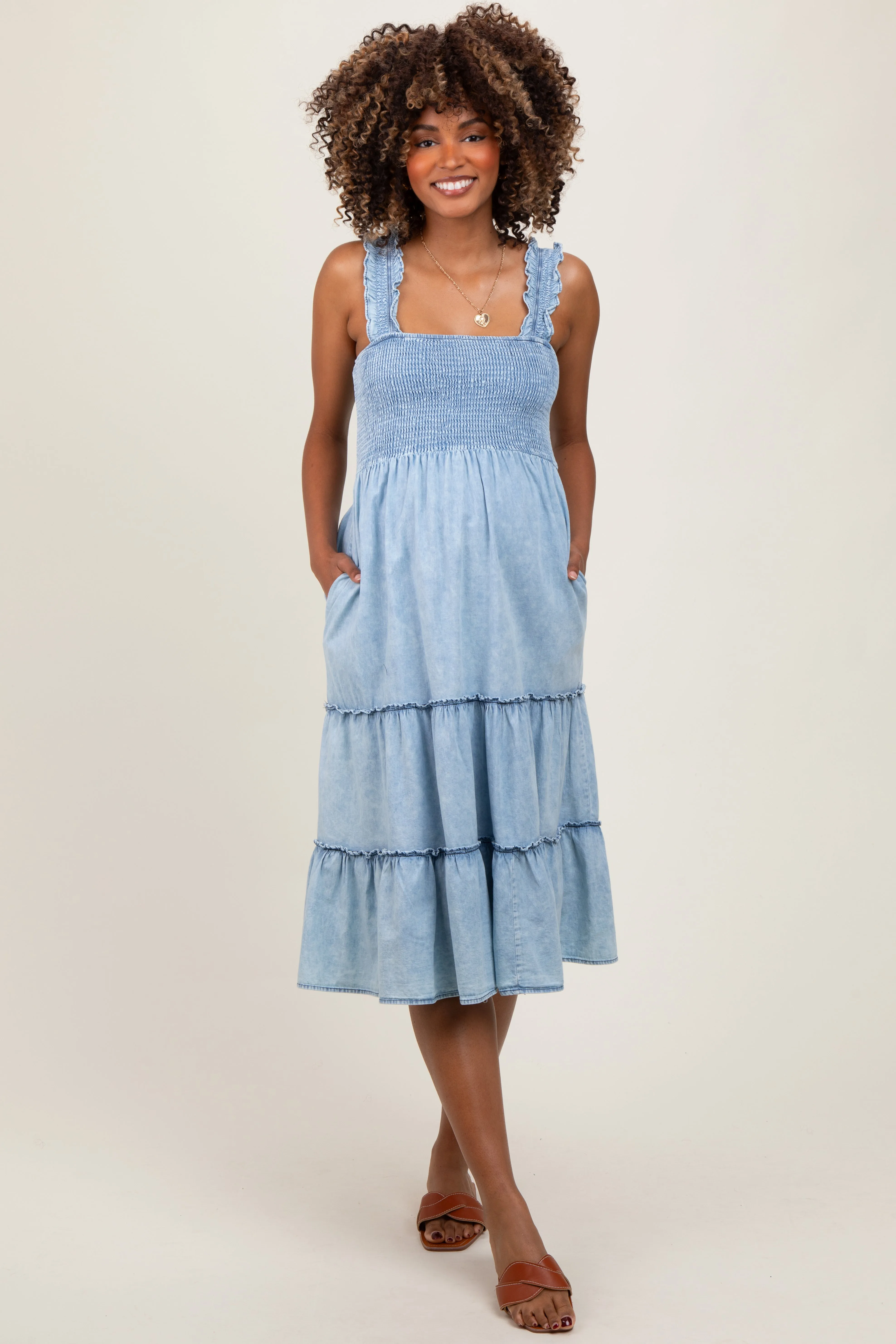 Light Blue Chambray Smocked Ruffle Tiered Maternity Midi Dress sold by Pinkblush