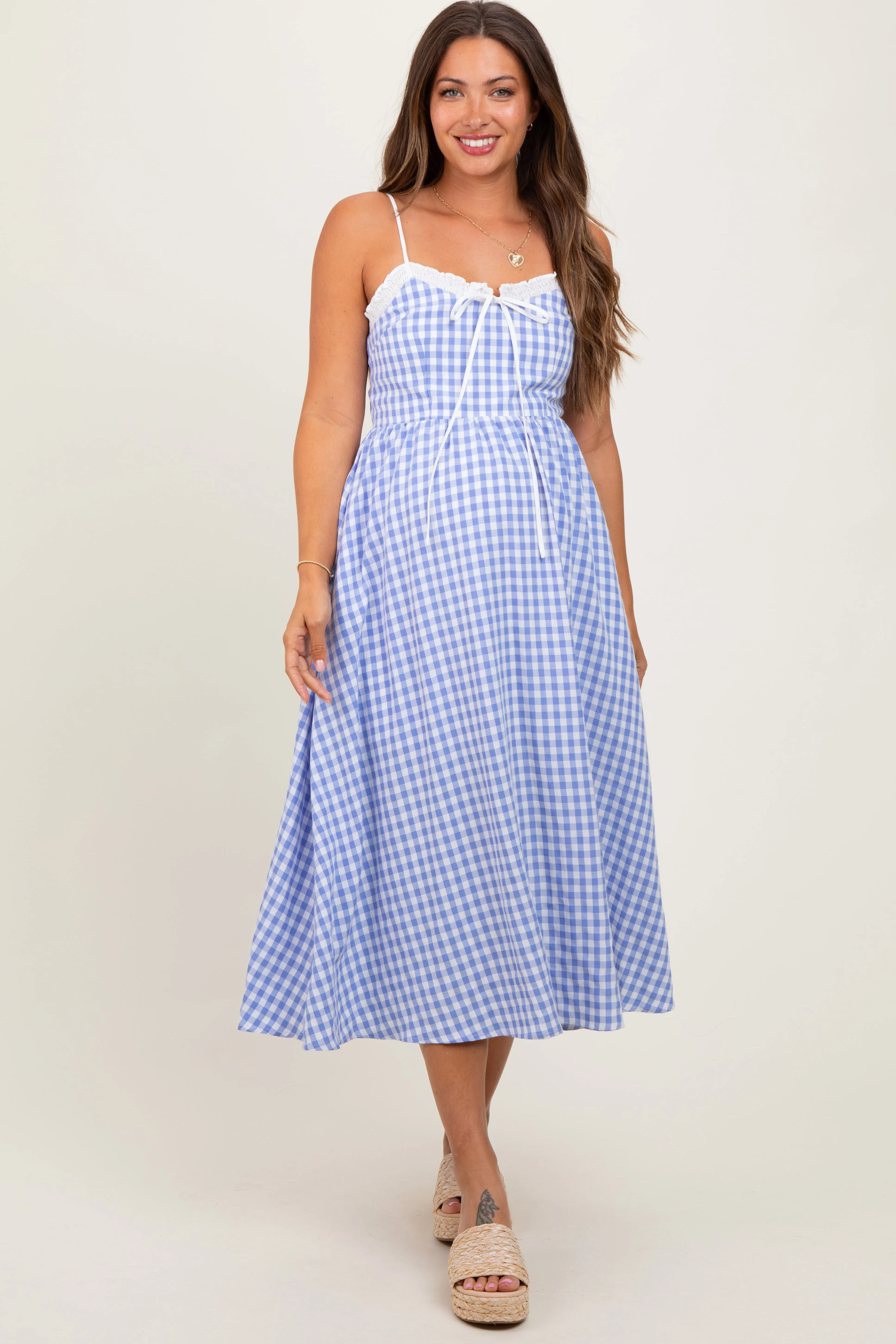 Blue Gingham Smocked Trim Maternity Midi Dress sold by Pinkblush