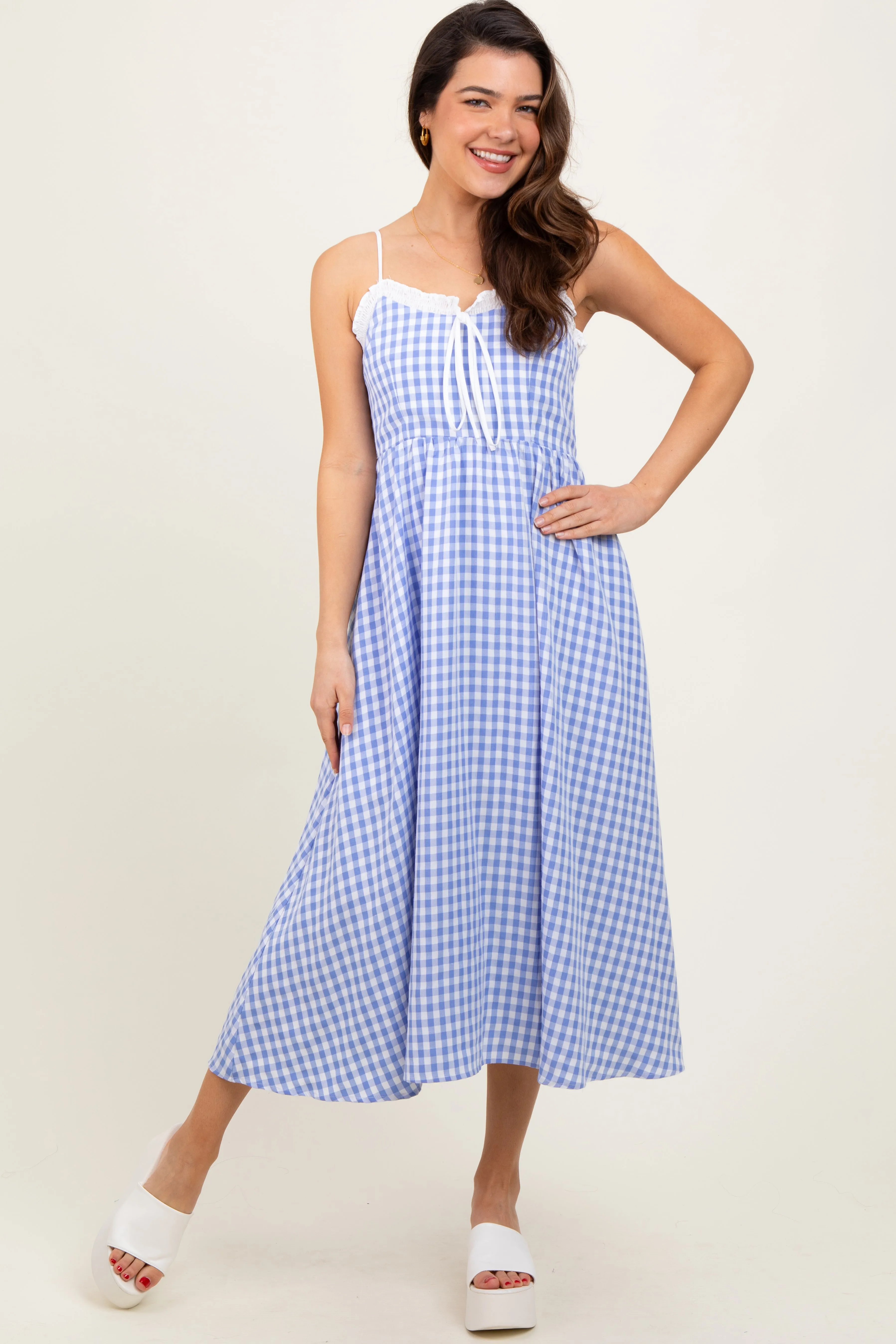 Blue Gingham Smocked Trim Maternity Midi Dress sold by Pinkblush product image thumbnail 5