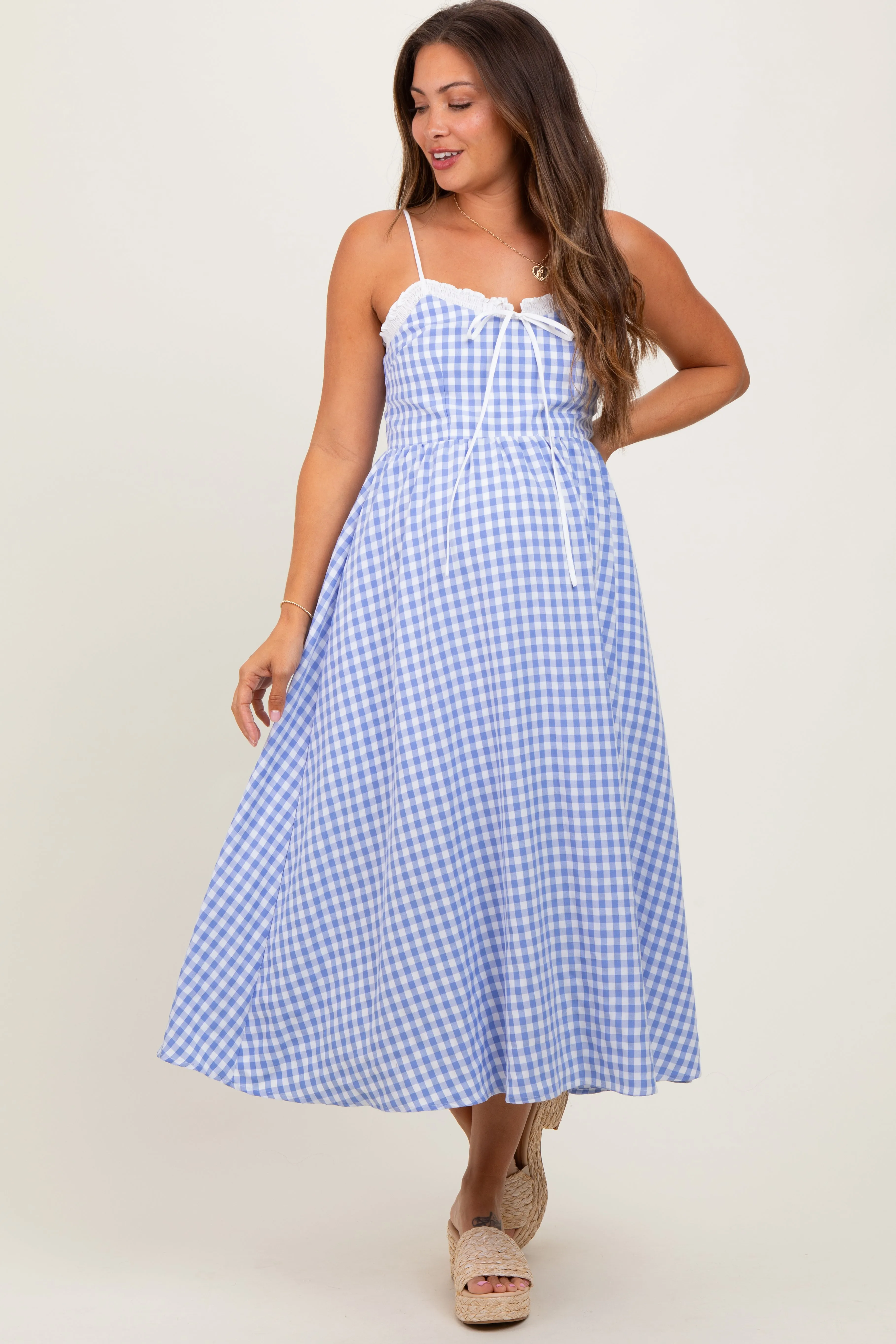 Blue Gingham Smocked Trim Maternity Midi Dress sold by Pinkblush product image thumbnail 2
