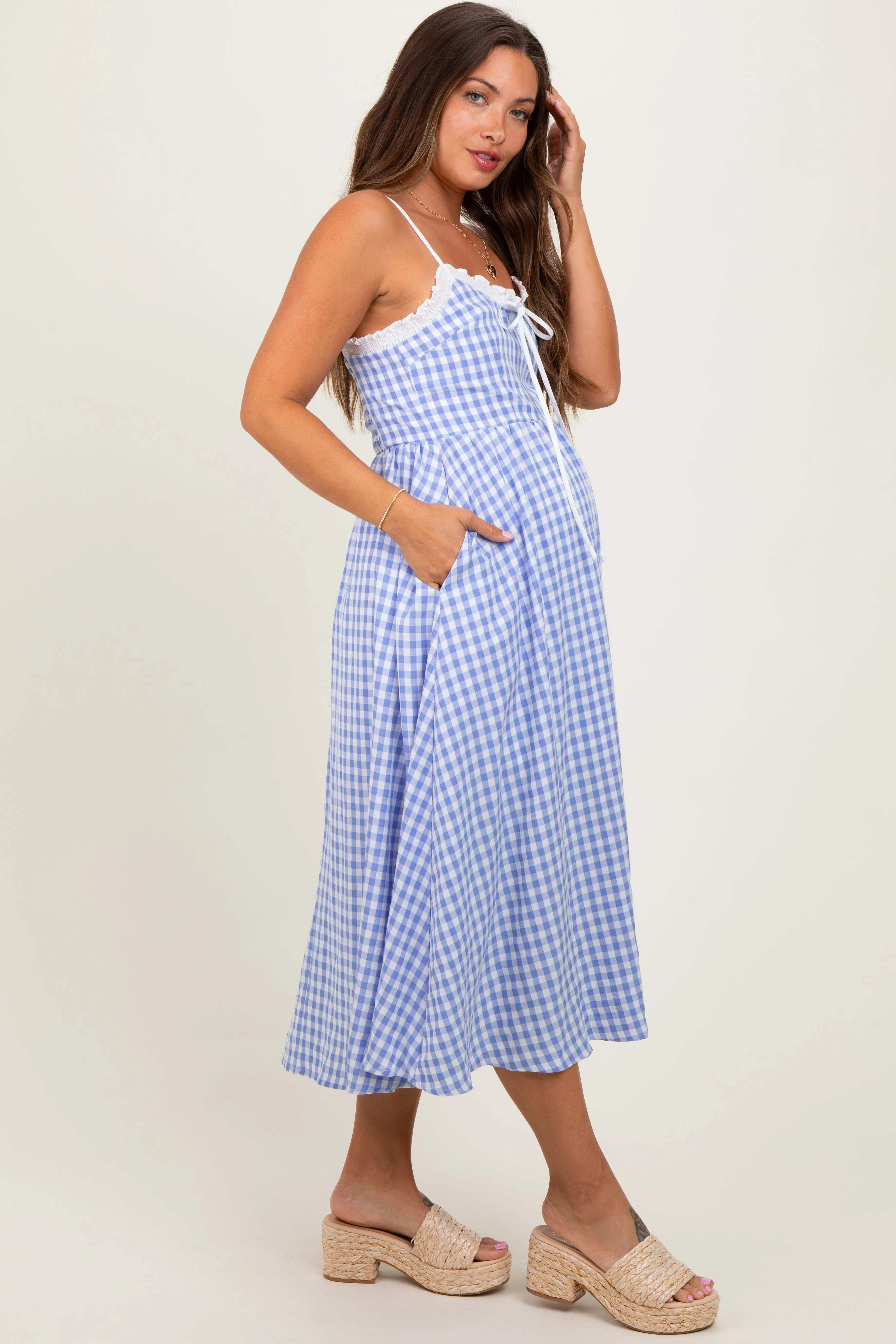 Blue Gingham Smocked Trim Maternity Midi Dress sold by Pinkblush product image thumbnail 3