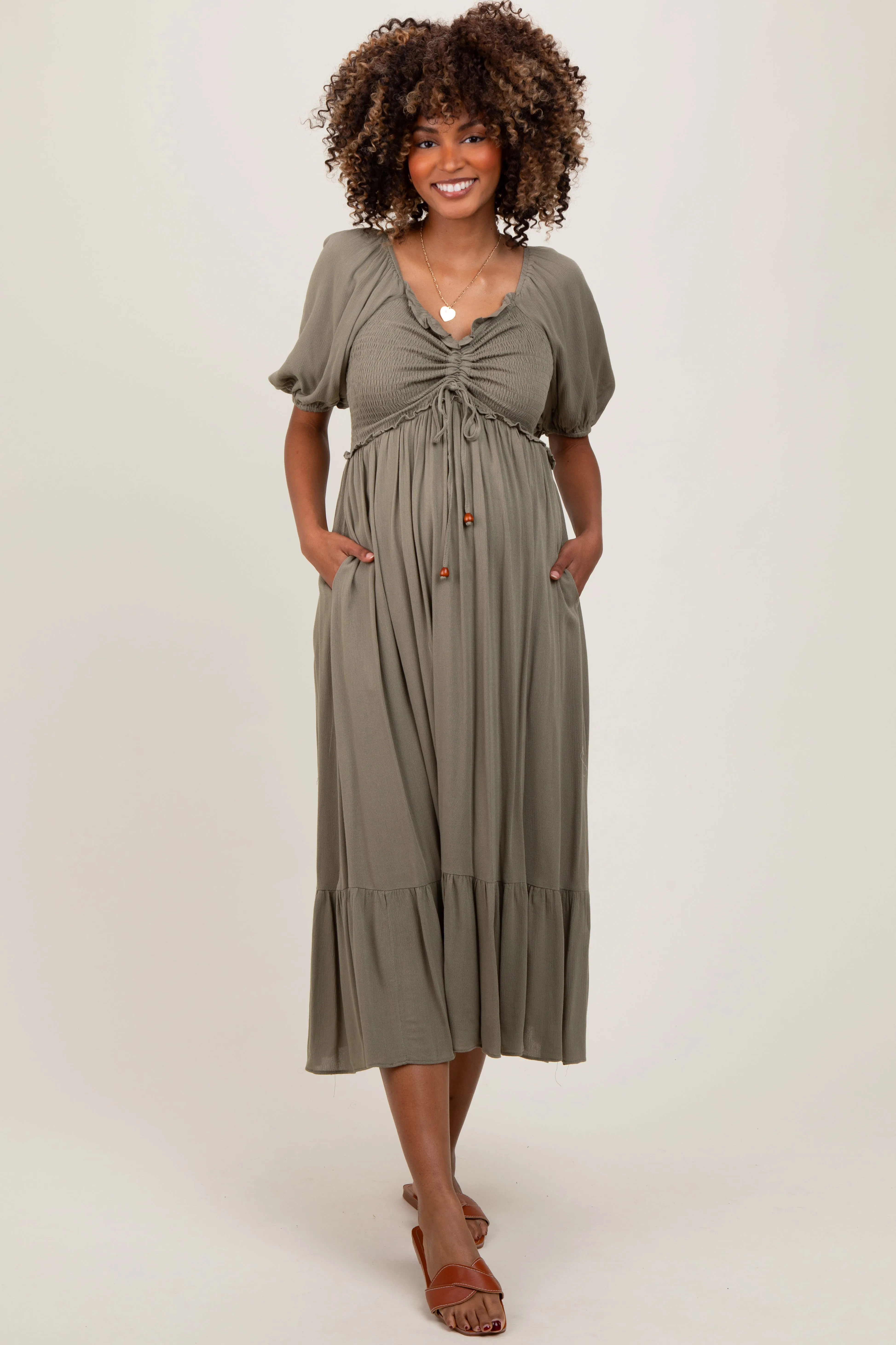 Olive Smocked Cinched Front Maternity Maxi Dress sold by Pinkblush