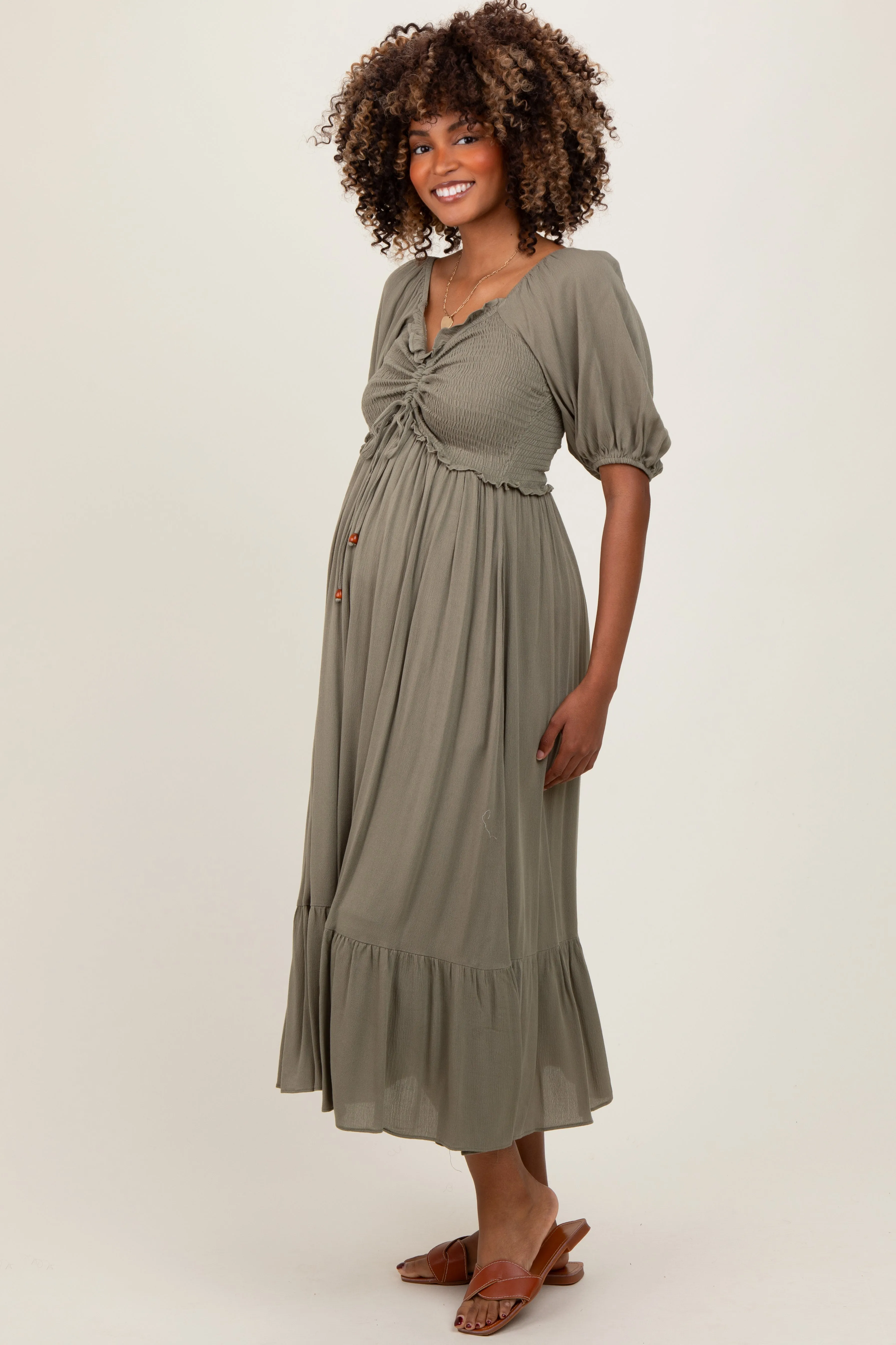 Olive Smocked Cinched Front Maternity Maxi Dress sold by Pinkblush product image thumbnail 2