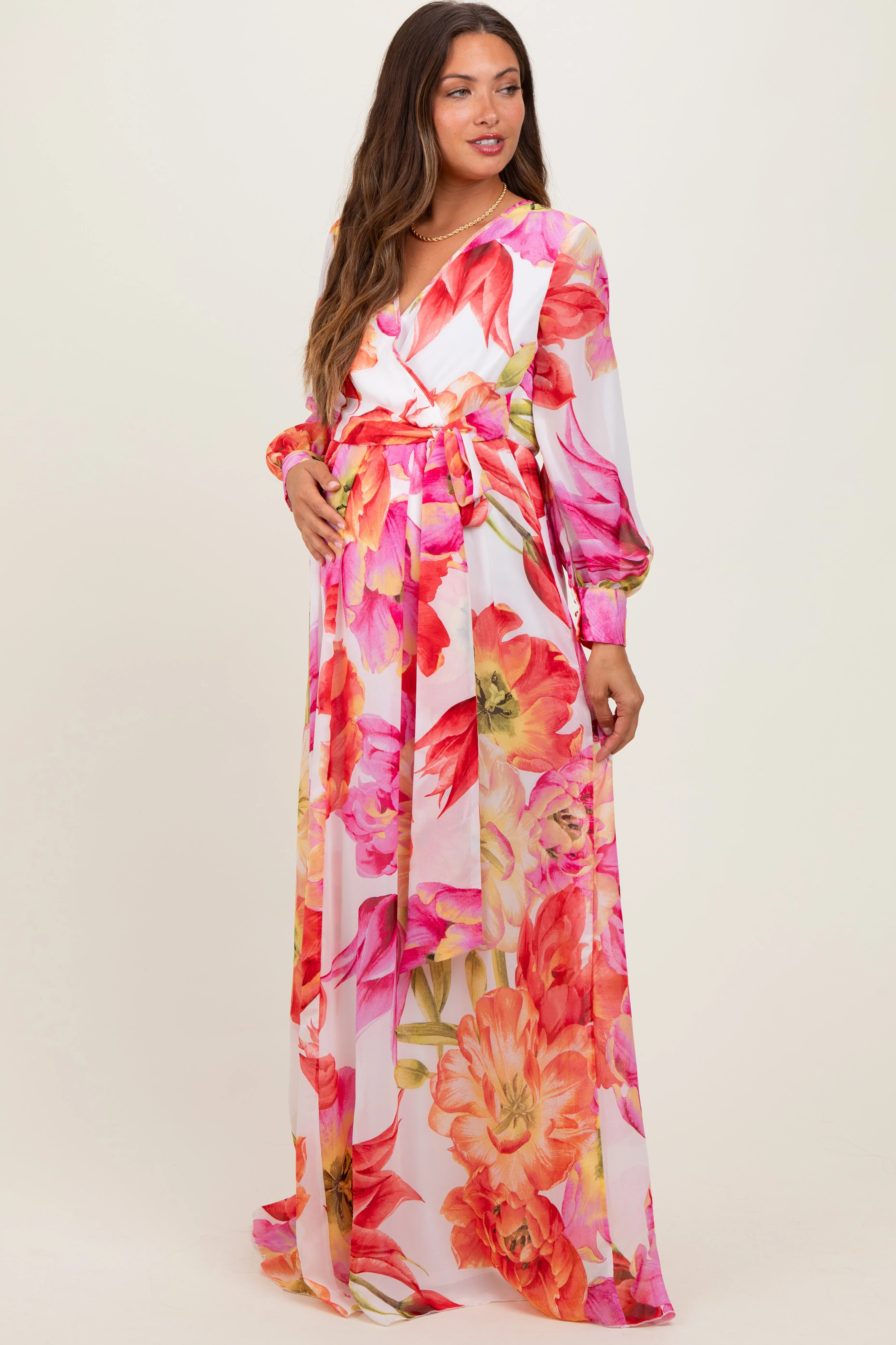 Red Floral Chiffon Long Sleeve Maternity Maxi Dress sold by Pinkblush