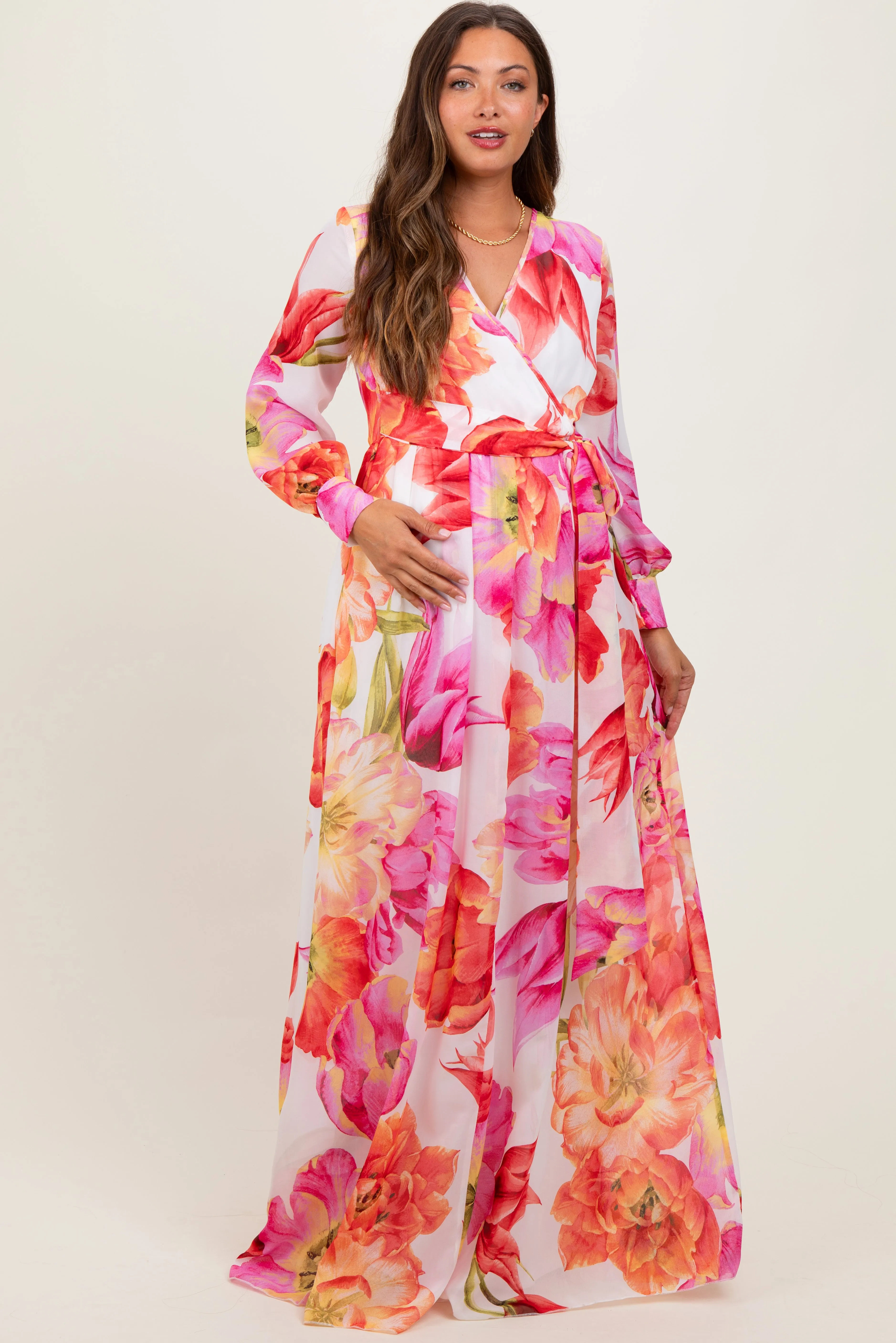 Red Floral Chiffon Long Sleeve Maternity Maxi Dress sold by Pinkblush product image thumbnail 2