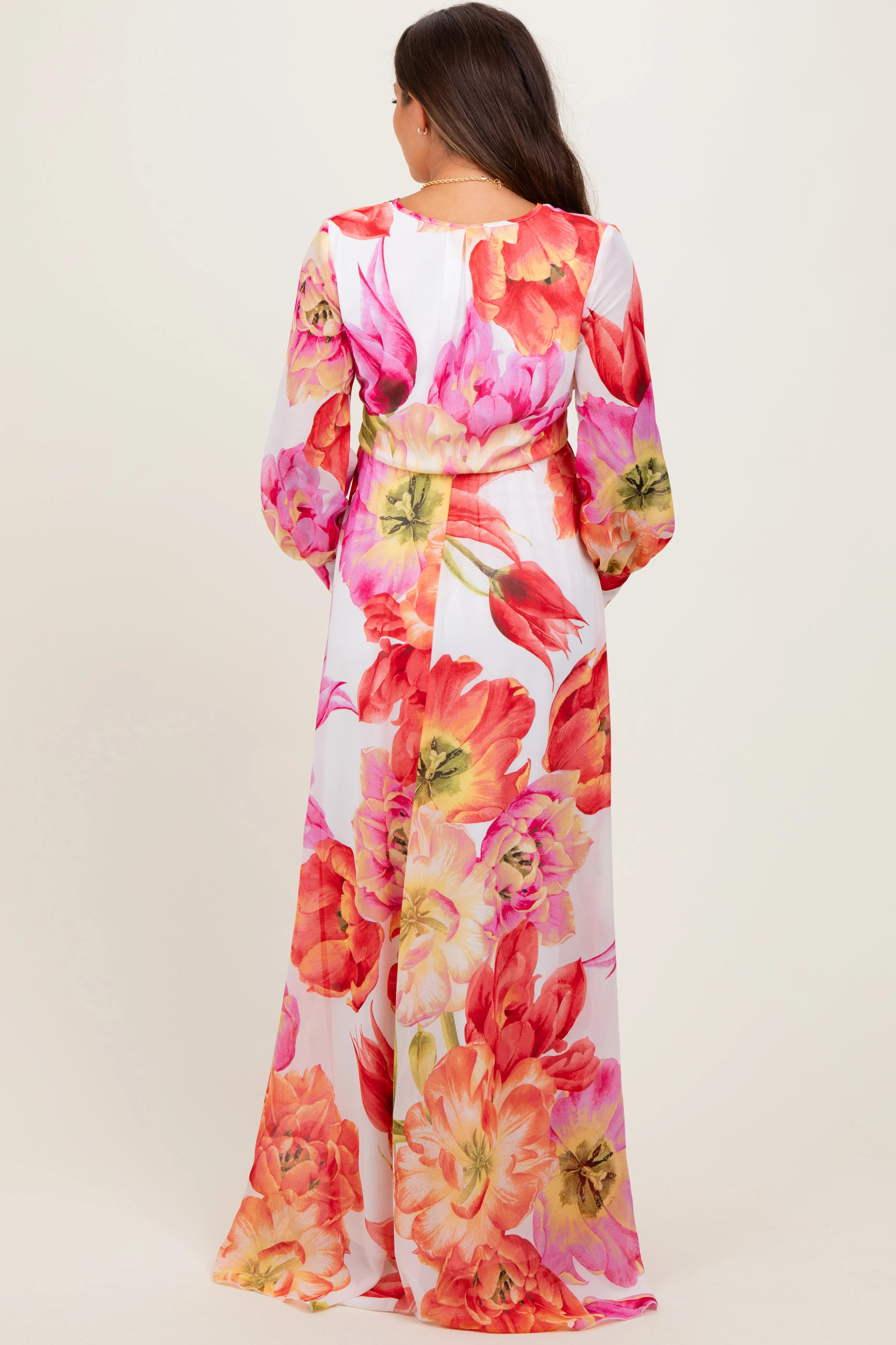 Red Floral Chiffon Long Sleeve Maternity Maxi Dress sold by Pinkblush product image thumbnail 3