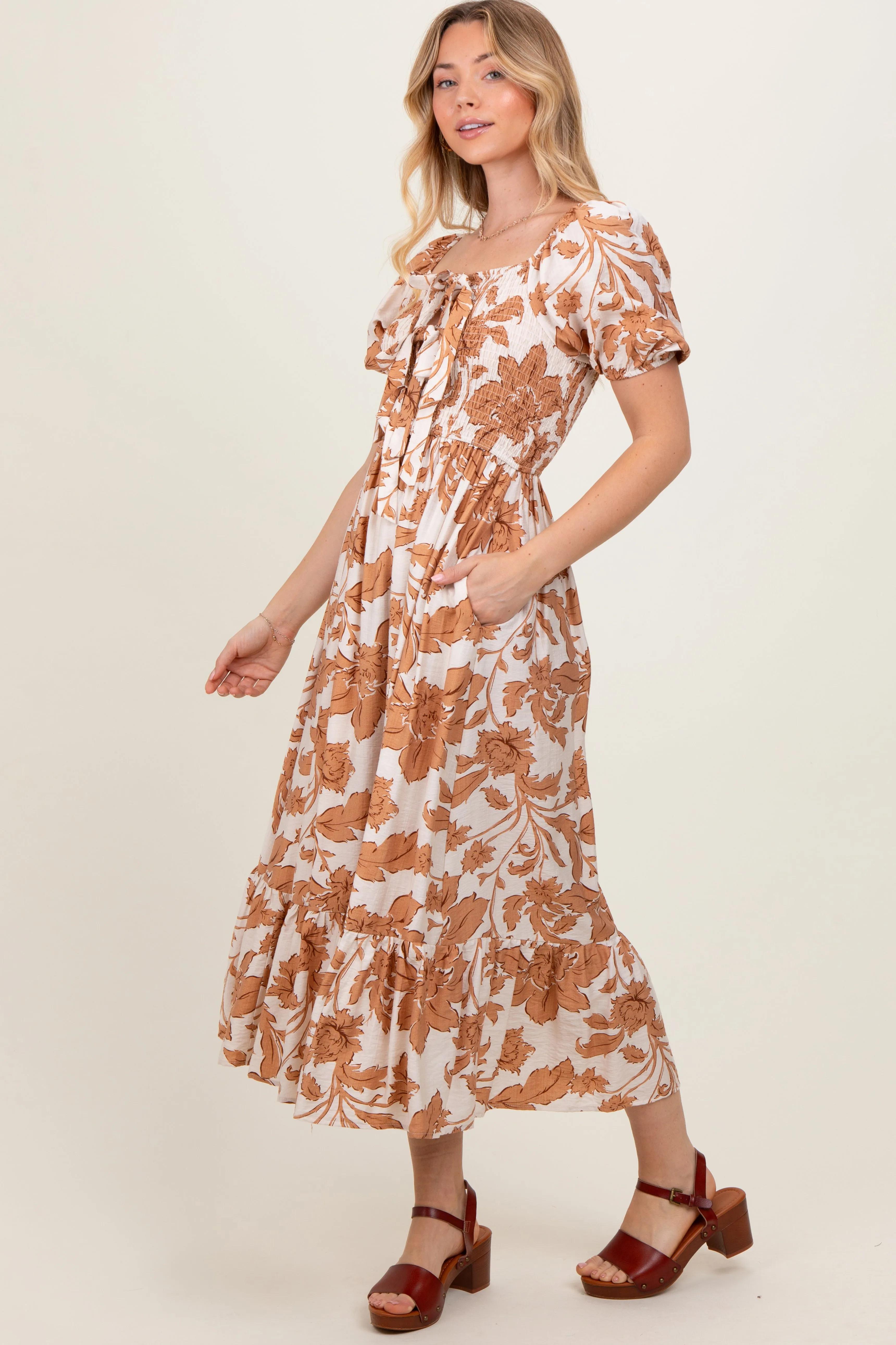 Mocha Floral Smocked Triple Front Tie Midi Dress sold by Pinkblush product image thumbnail 3
