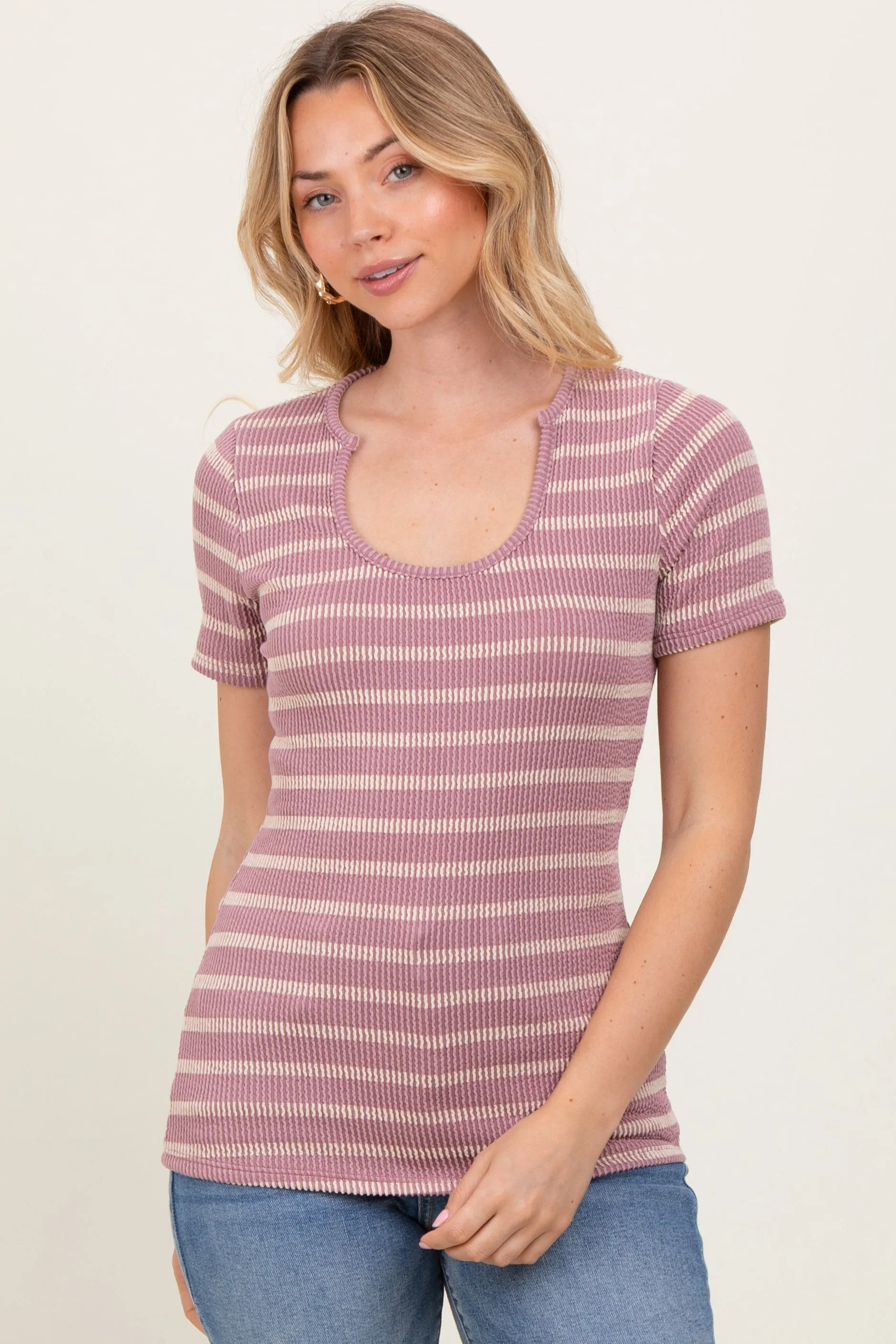 Lavender Cream Stripe Short Sleeve Round Neck Top sold by Pinkblush