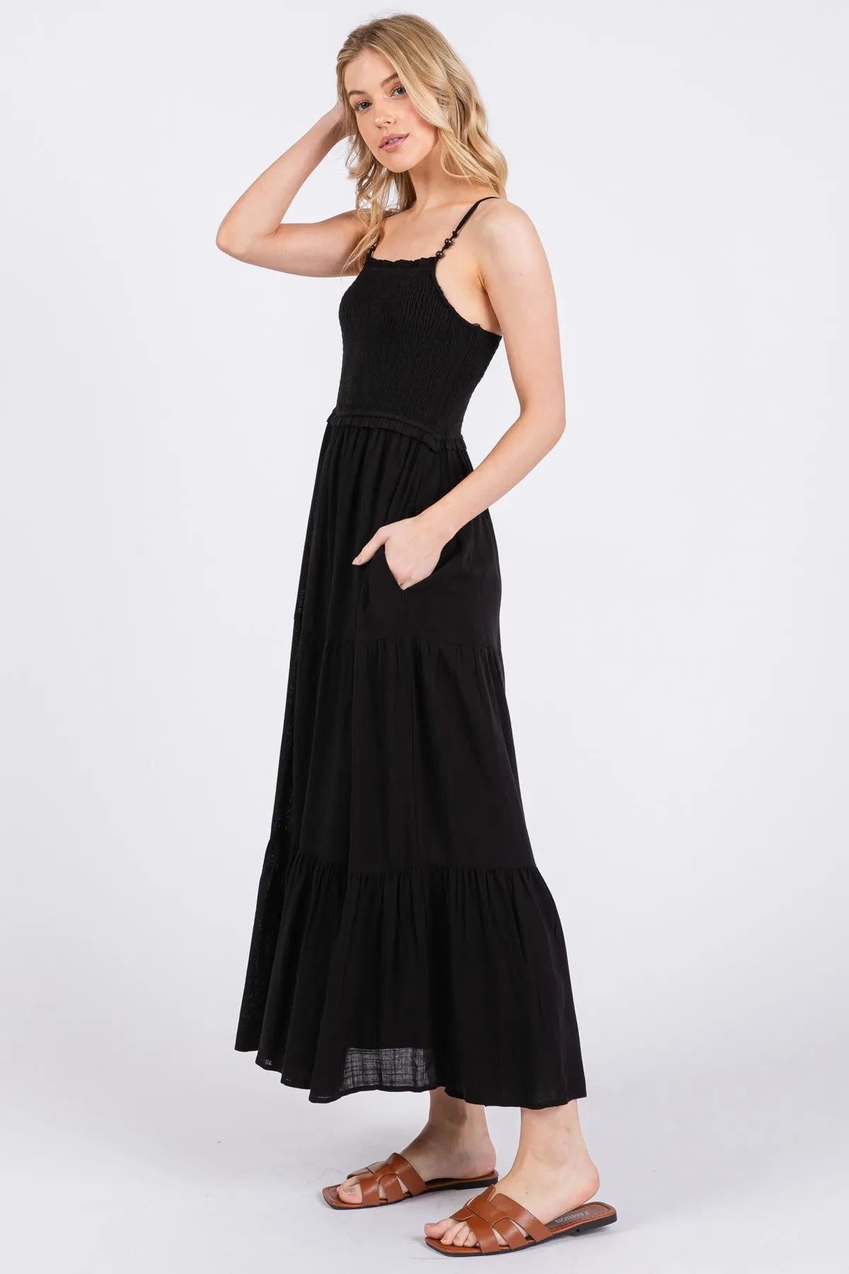 Black Smocked Bead Detail Strap Midi Dress sold by Pinkblush product image thumbnail 2