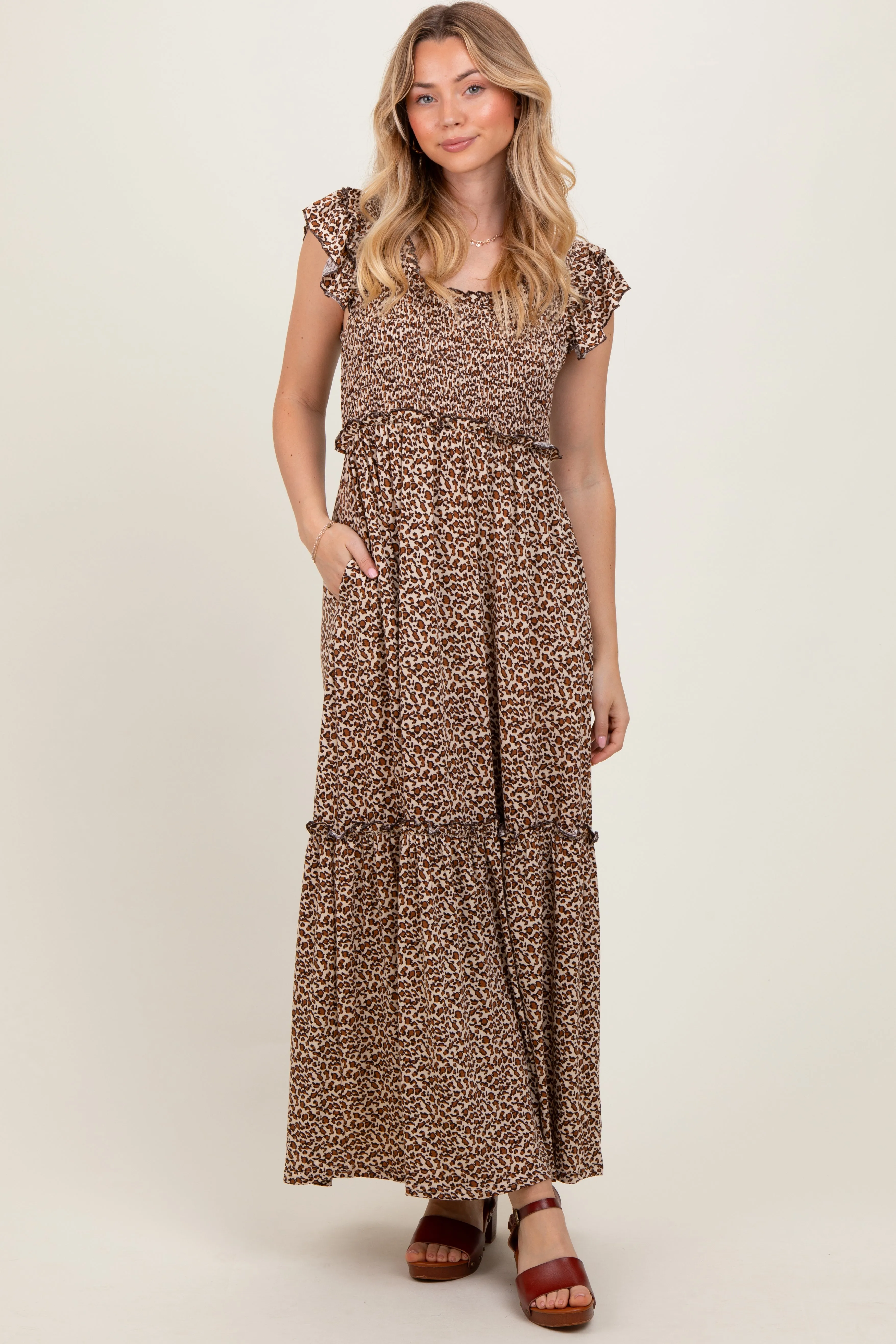 Mocha Leopard Print Ruffle Sleeve Tiered Maxi Dress sold by Pinkblush