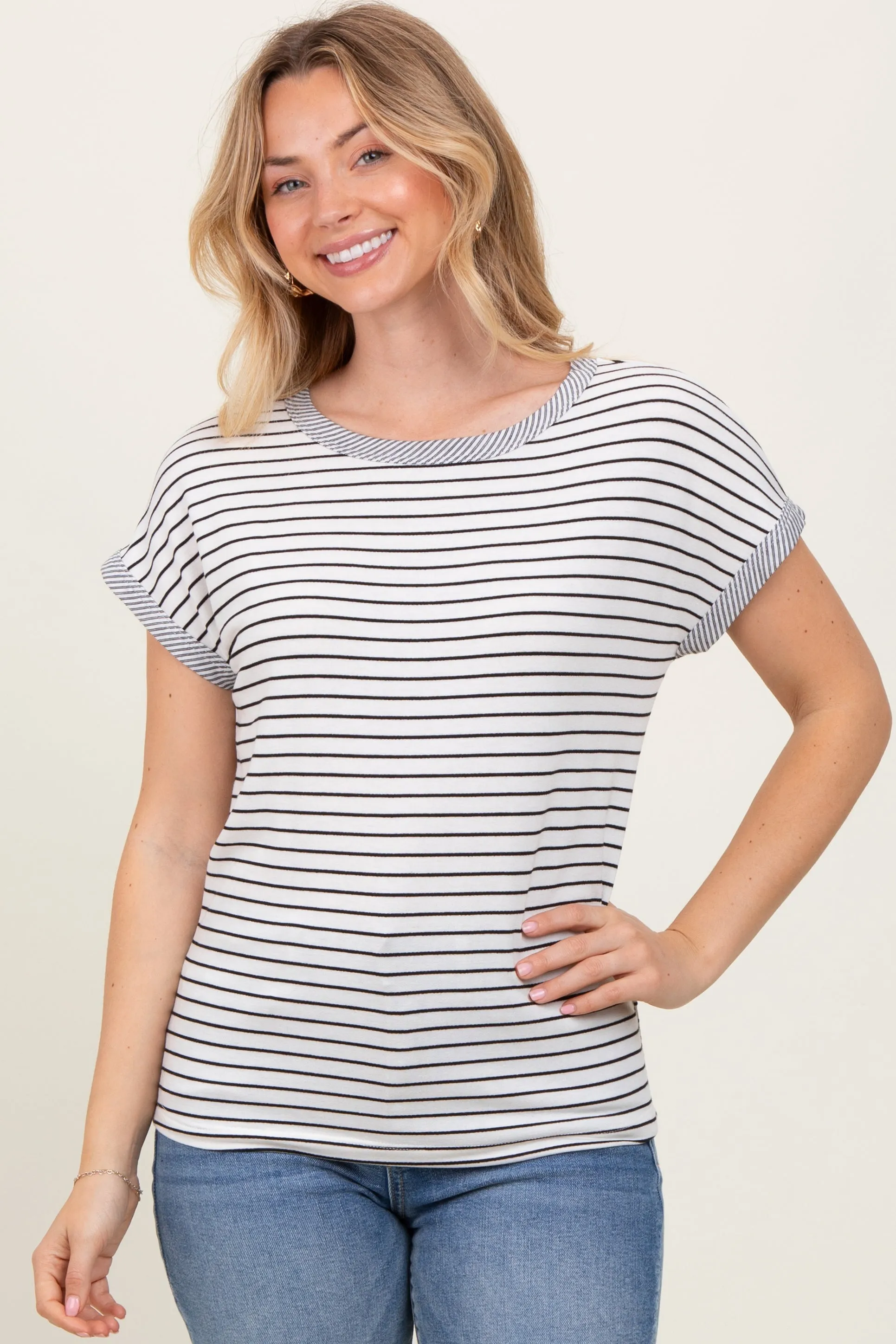 Black Pinstripe Soft Terry Short Sleeve Top sold by Pinkblush