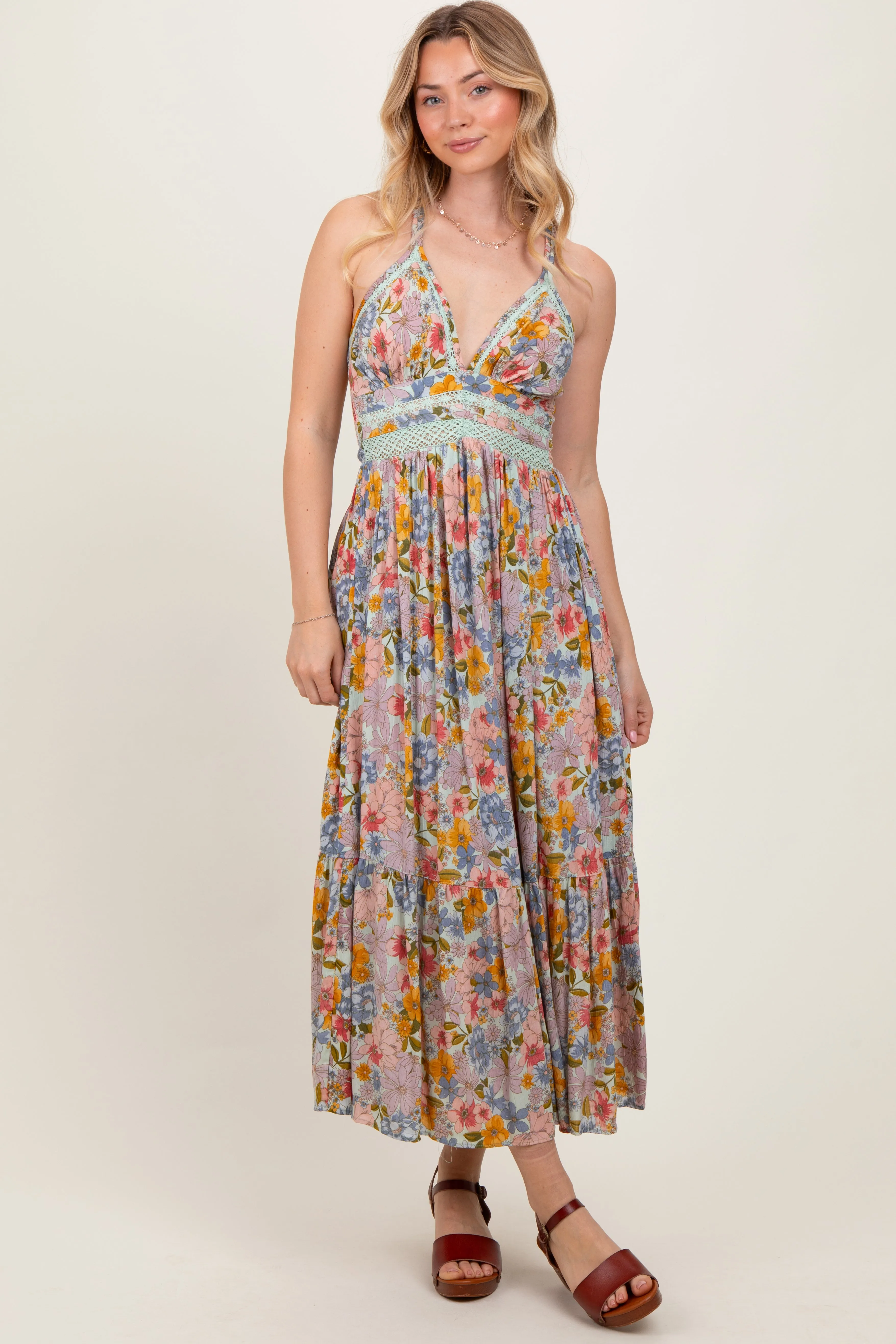 Muticolor Floral Double Strap Lace Trim Midi Dress sold by Pinkblush