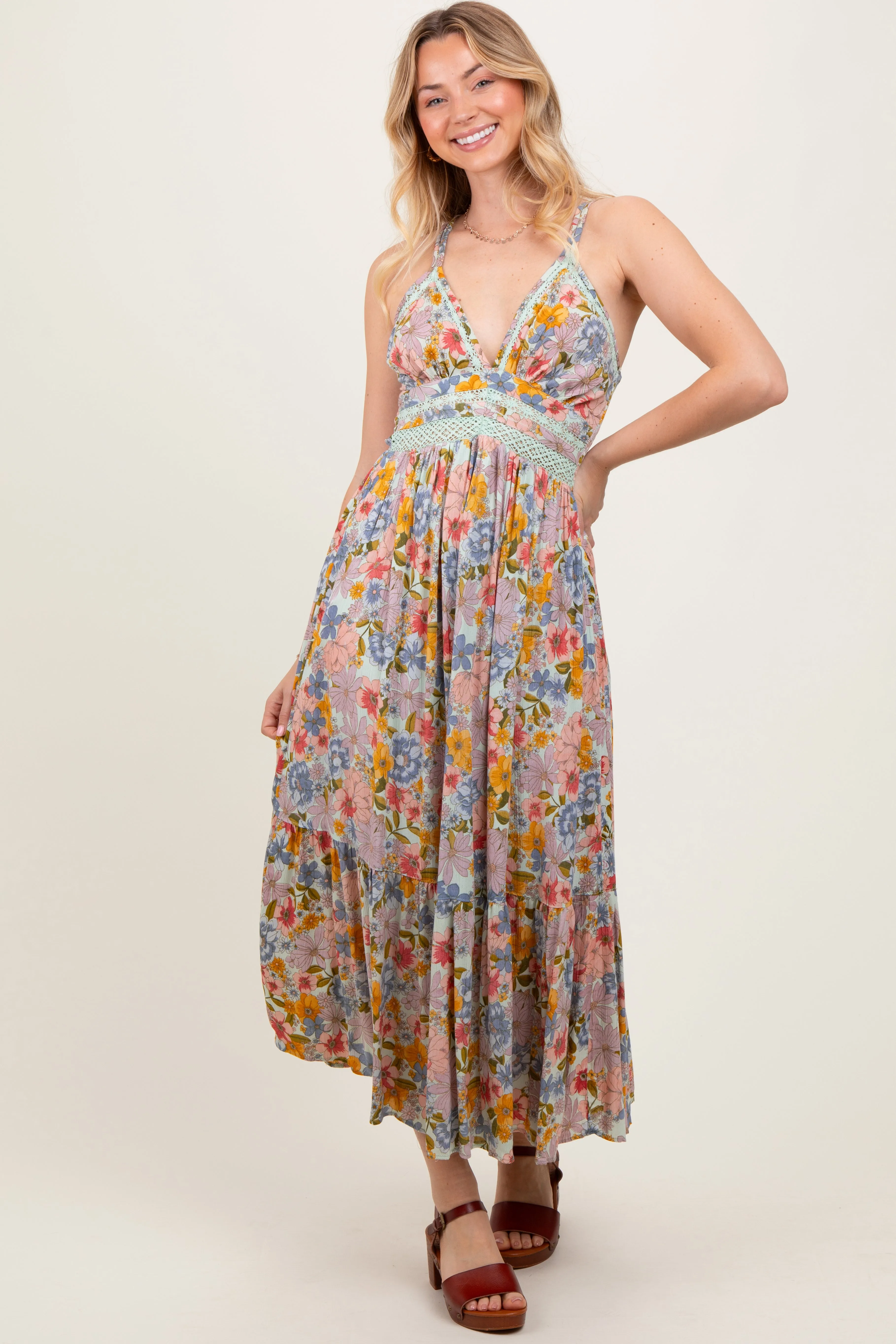 Muticolor Floral Double Strap Lace Trim Midi Dress sold by Pinkblush product image thumbnail 2
