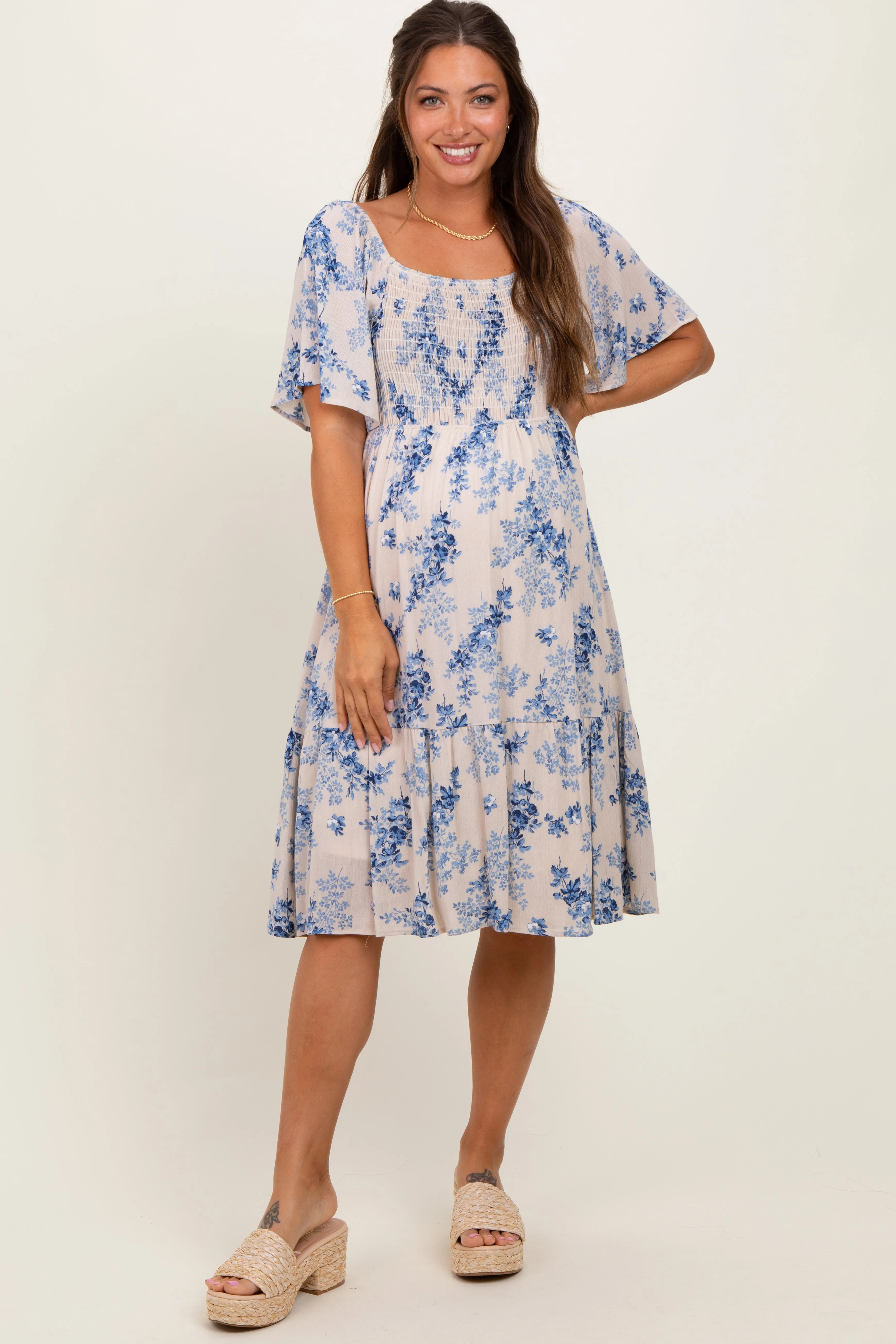 Cream Floral Smocked Maternity Midi Dress sold by Pinkblush