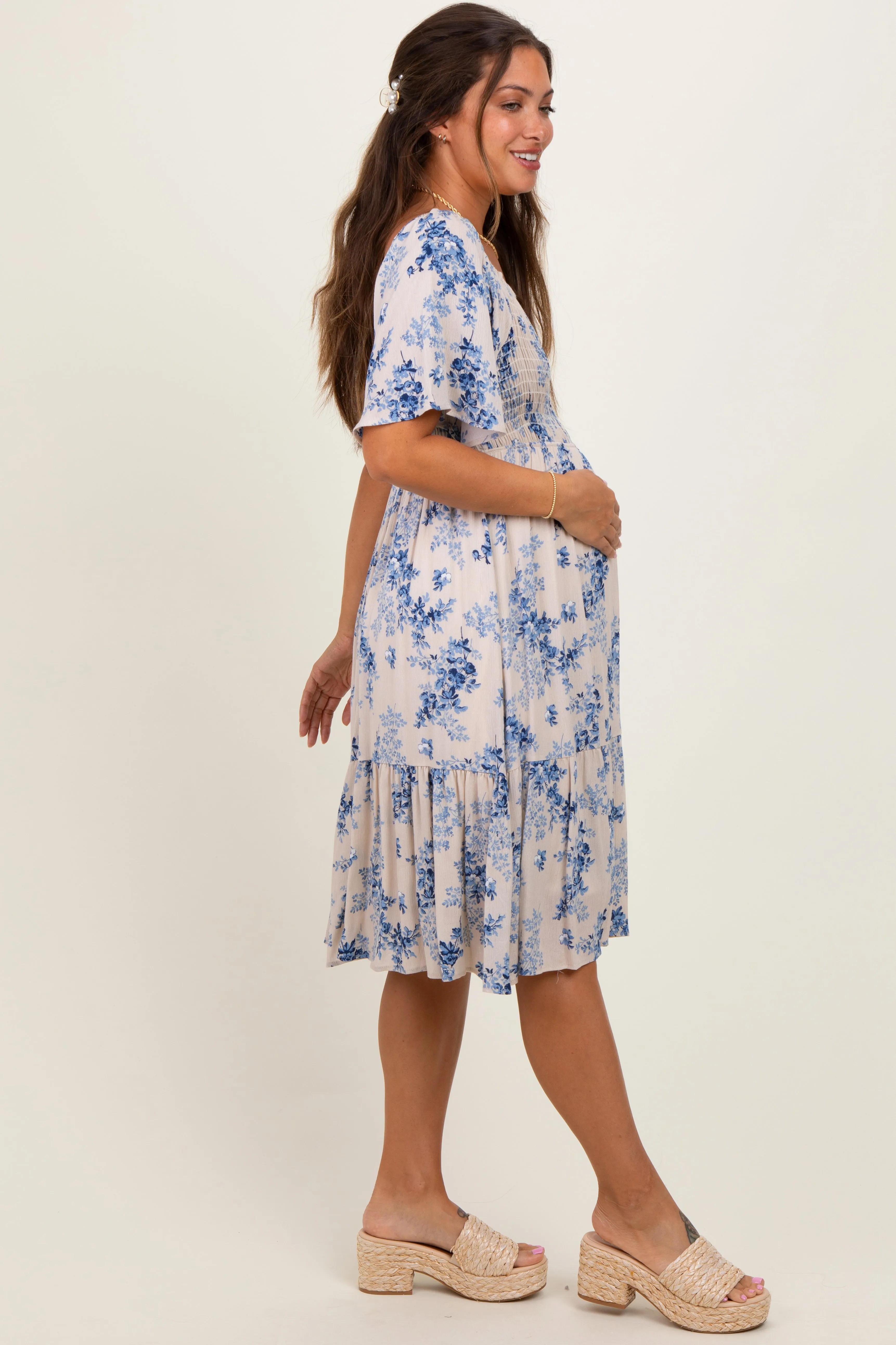 Cream Floral Smocked Maternity Midi Dress sold by Pinkblush product image thumbnail 2