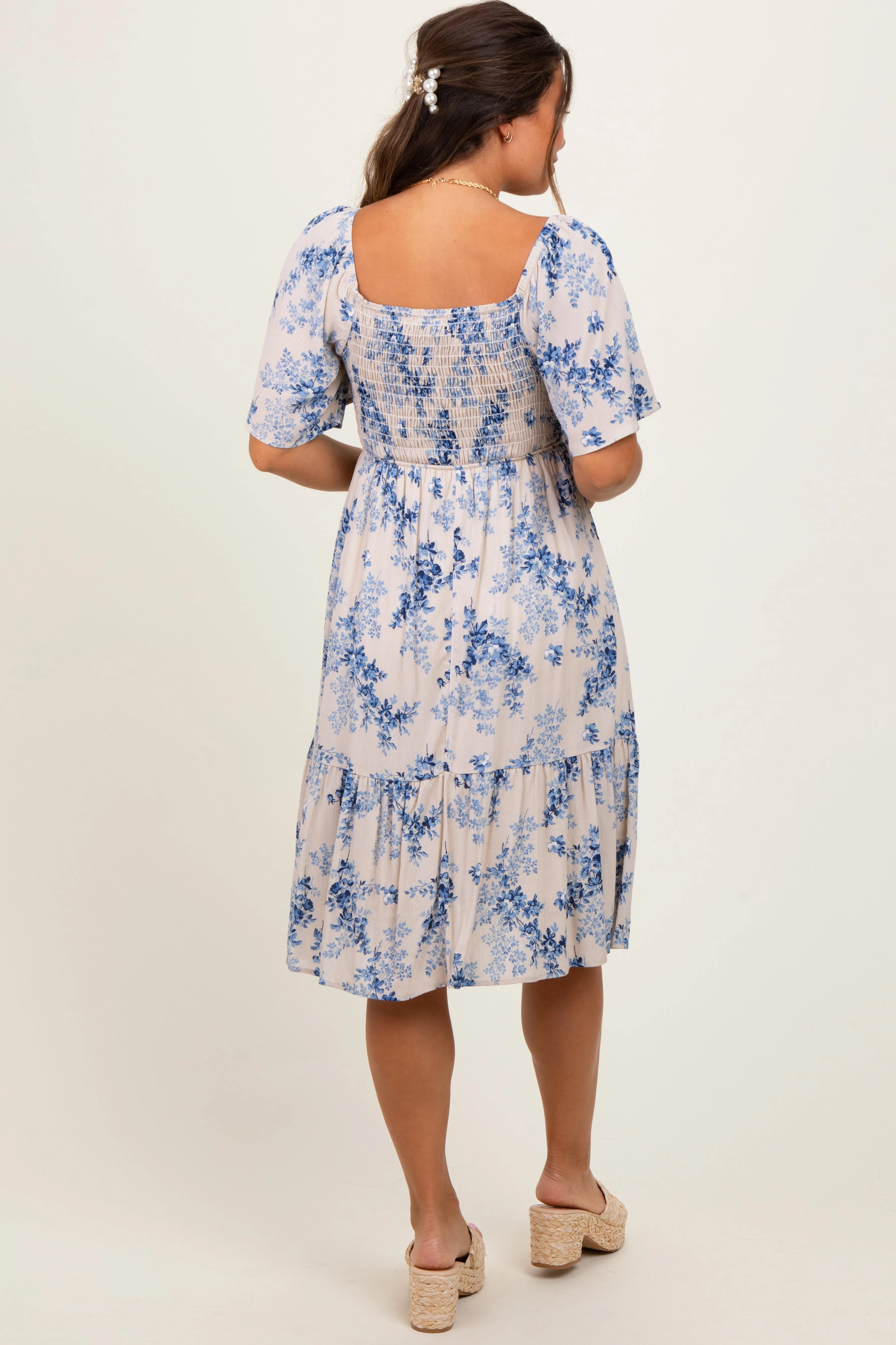 Cream Floral Smocked Maternity Midi Dress sold by Pinkblush product image thumbnail 3