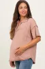 Beige Solid Ribbed Collar V-Neck Maternity Tunic Top sold by Pinkblush