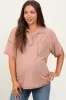 Beige Solid Ribbed Collar V-Neck Maternity Tunic Top sold by Pinkblush