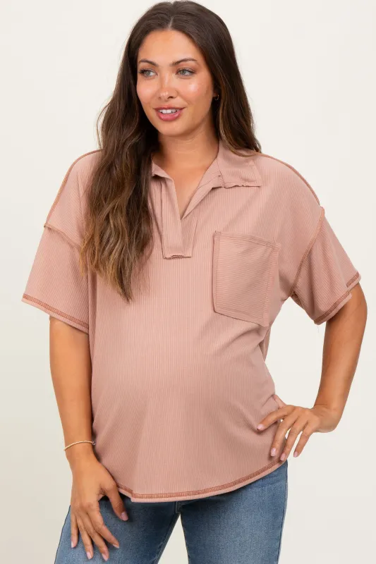 Beige Solid Ribbed Collar V-Neck Maternity Tunic Top sold by Pinkblush