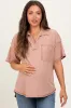 Beige Solid Ribbed Collar V-Neck Maternity Tunic Top sold by Pinkblush