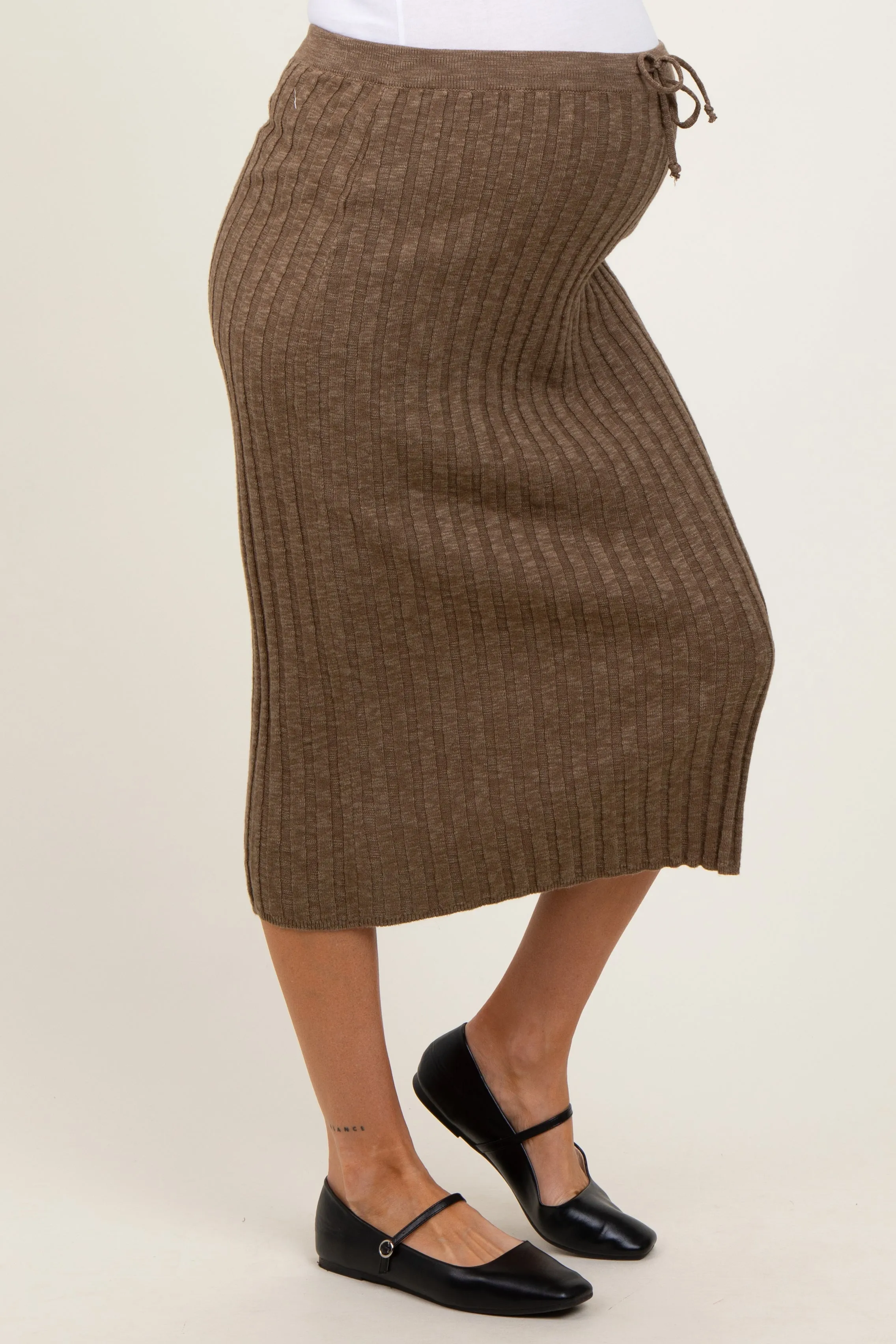Mocha Ribbed Knit Drawstring Maternity Midi Skirt sold by Pinkblush product image thumbnail 3
