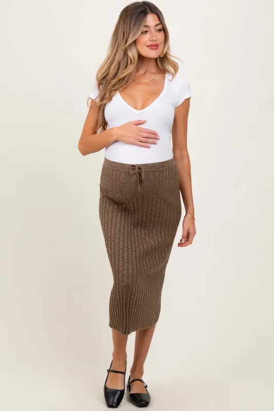 Mocha Ribbed Knit Drawstring Maternity Midi Skirt sold by Pinkblush