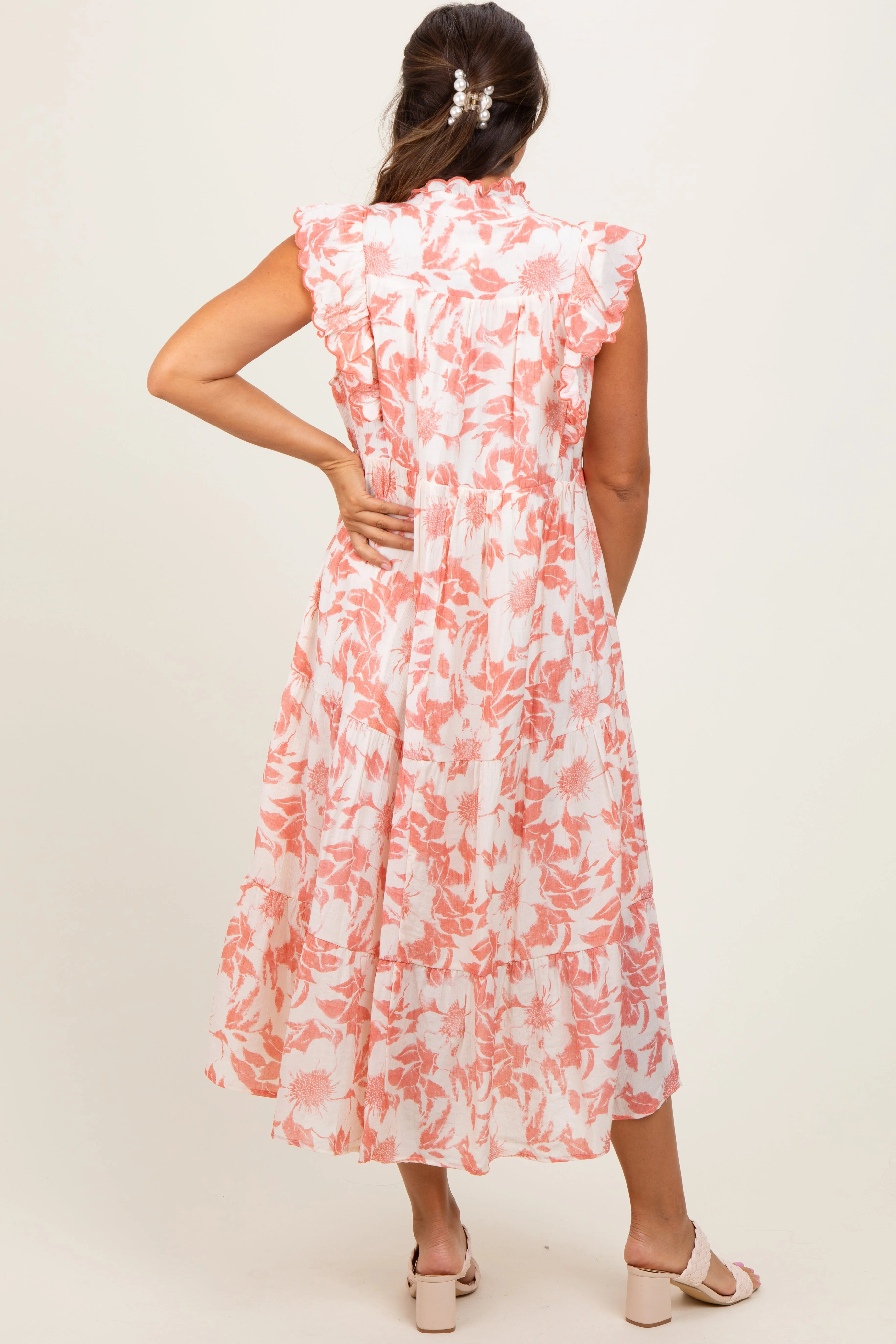 Rust Floral Scallop Hem Tiered Maternity Midi Dress sold by Pinkblush product image thumbnail 3